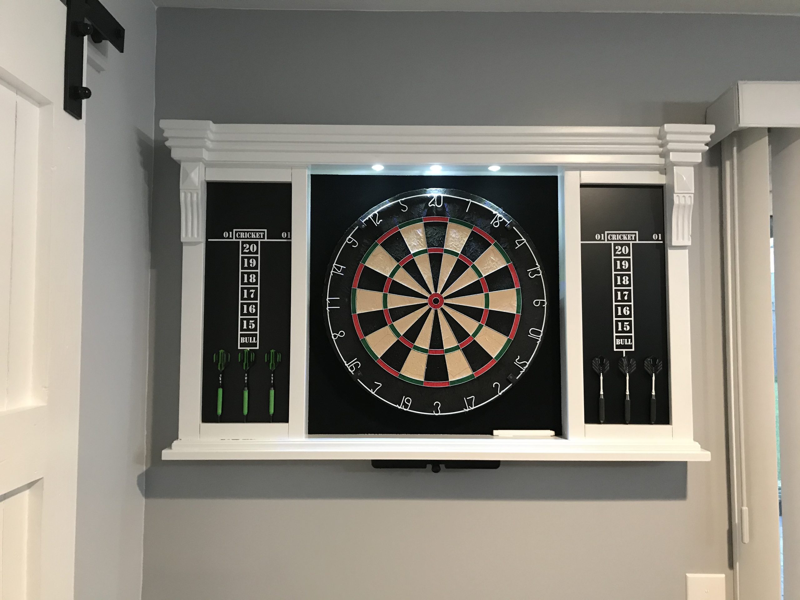 Barrington Pub Style Dartboard, Pre-Assembled with LED Lights, Woodhaven | Pre-Assembled LED Pub-Style Dartboard Cabinet With 18