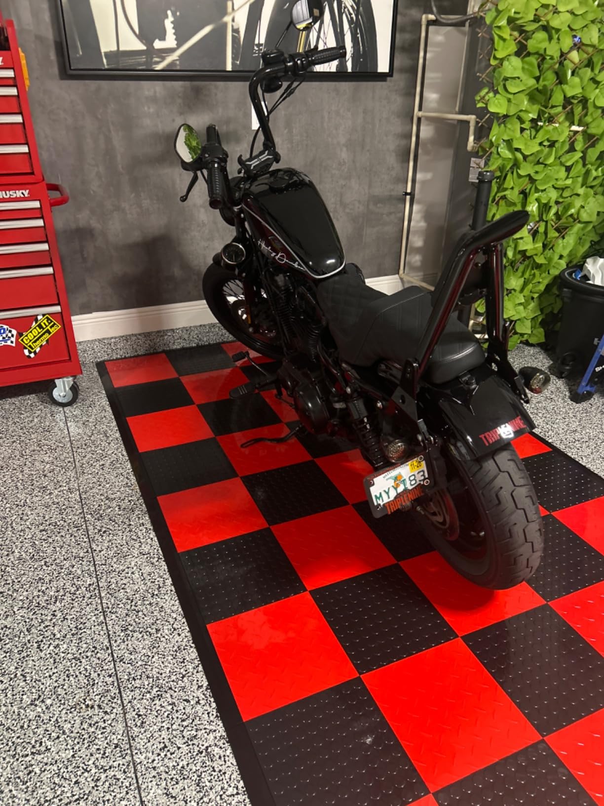 IncStores ⅜ Inch Thick Nitro Interlocking Garage Floor Tiles | Plastic Floor Tile Set for Parking, Protecting, and Displaying Motorcycles | 12