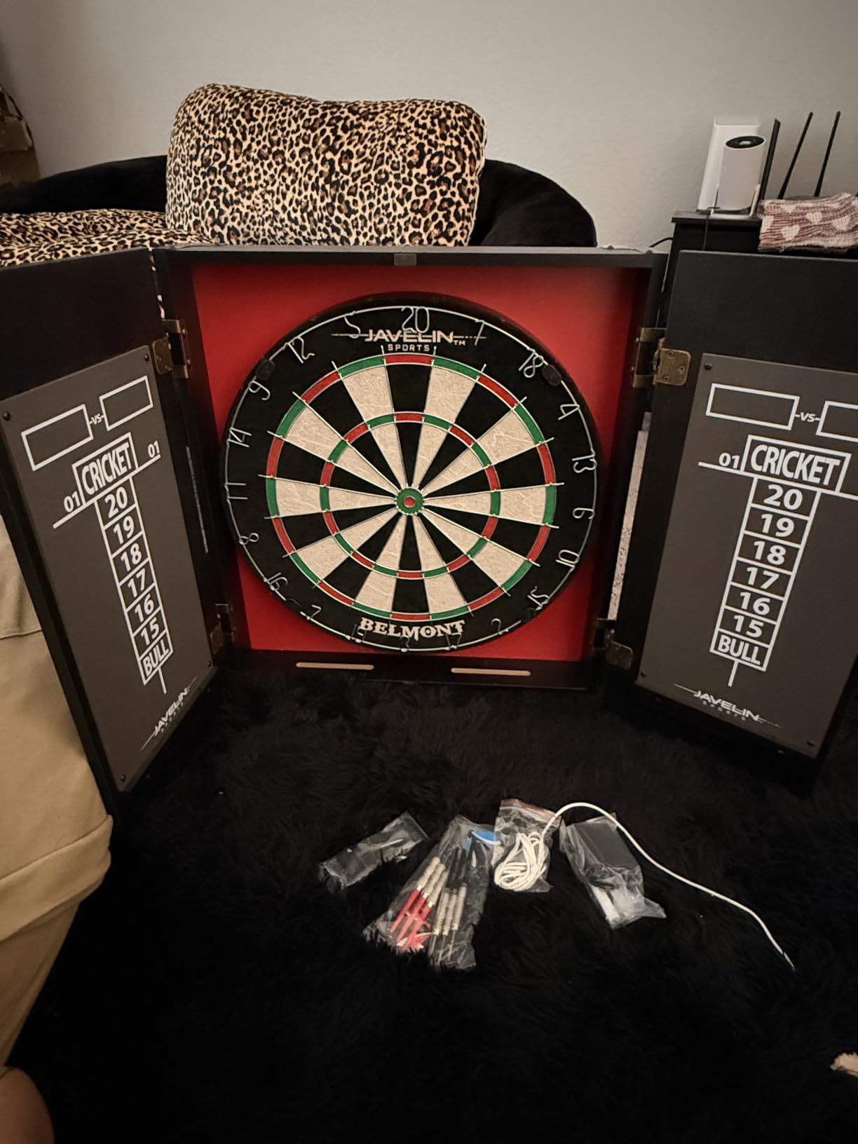 EastPoint Belmont Dart Board Cabinet, 6 Steel Tip Darts, Game Room Decor | Official Size, Self-Healing Sisal, Staple-Free Bullseye, Built-In Scoring & Storage customer photo 2