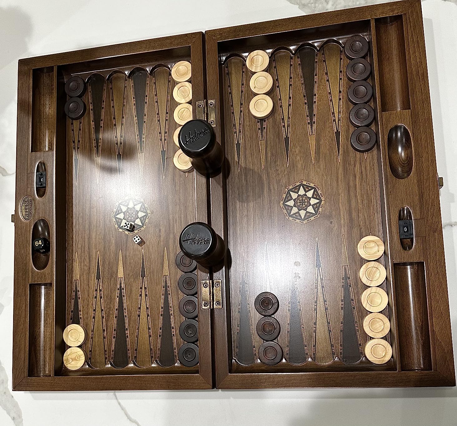 Backgammon Set Mosaic Design- Foldable Walnut Board - Classic Board Game - Size 20,5