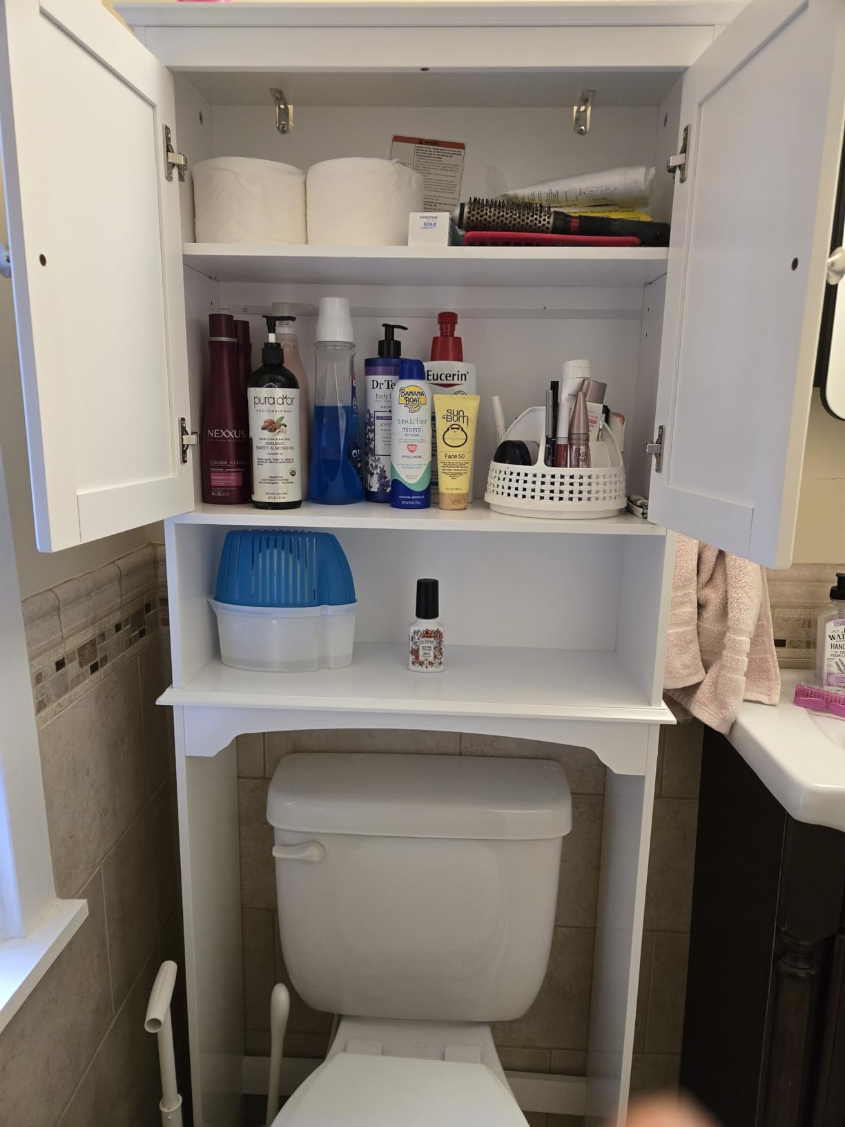 Spirich Over The Toilet Storage Cabinet with Doors, Bathroom Organizer | White, Adjustable Shelf, Anti-Tip Fitting, FSC-Certified MDF, Beadboard Design, 33.3