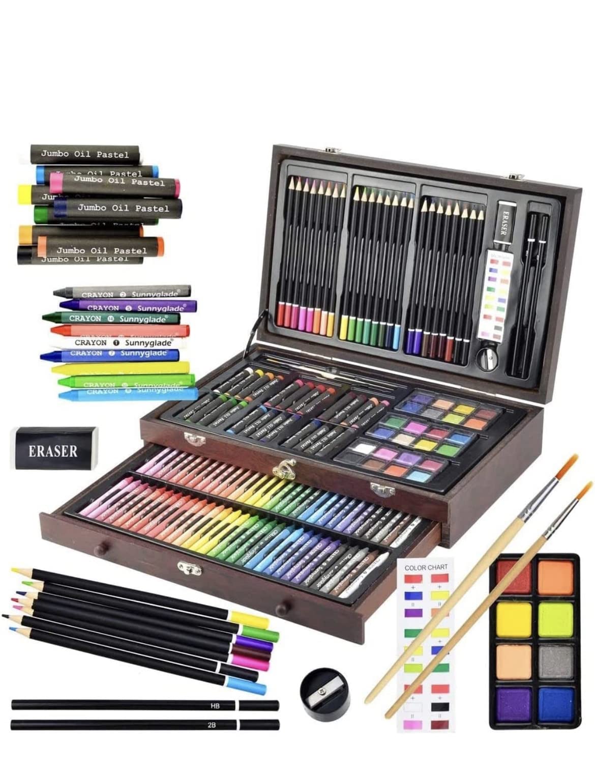 Sunnyglade 145 Piece Deluxe Art Set Wooden Art Box & Drawing Kit Cherry | Art Kit with Crayons, Oil Pastels, Colored Pencils, Watercolor Pans, Sketch Pencils, Brush, Sharpener, Eraser, Color Chart customer photo 2