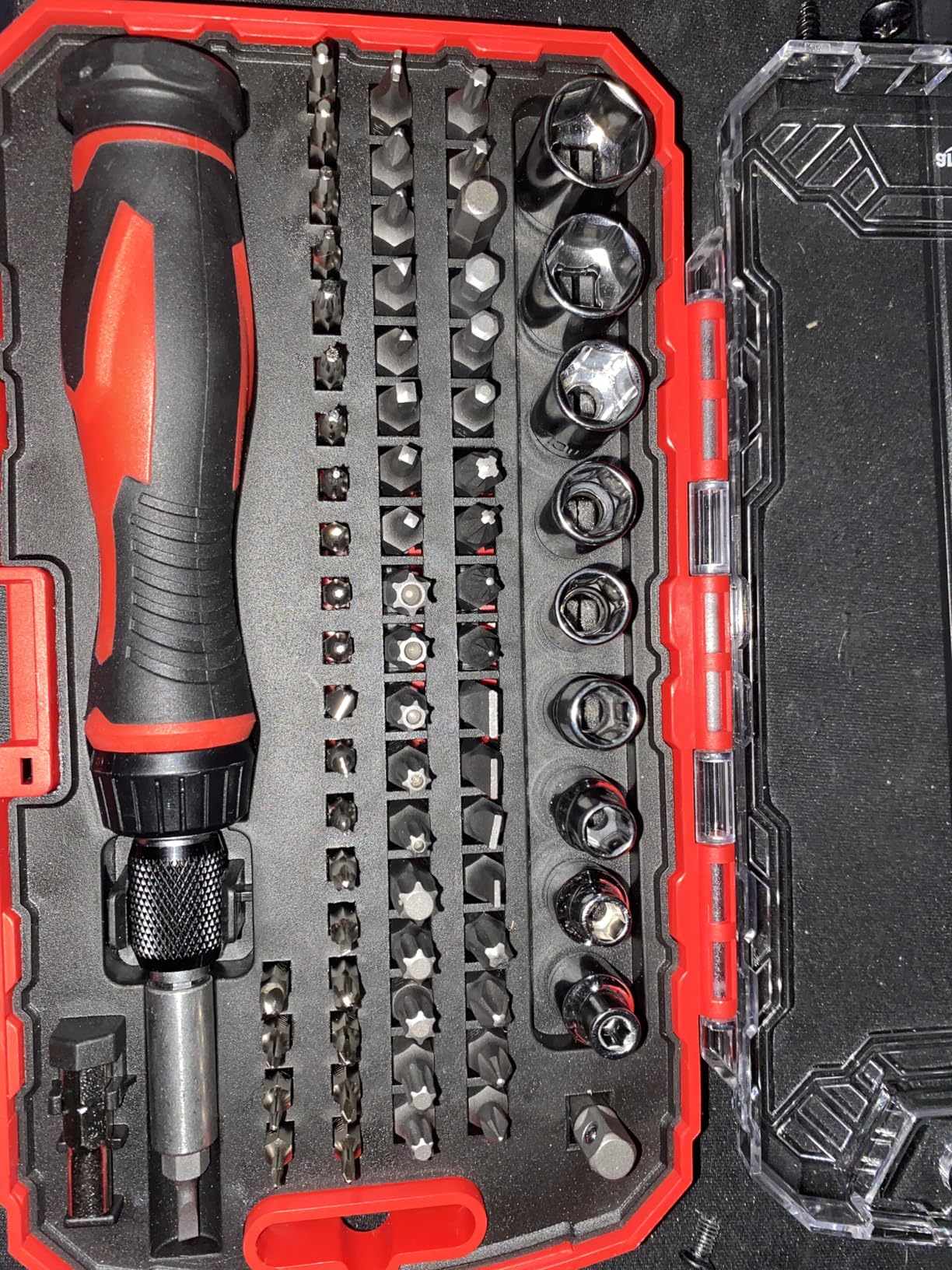 Amazon Basics Magnetic Ratcheting Wrench and Electronics Precision Screwdriver Tool Set, 73-Piece, with Carry Case for Household Repair, Small Jobs, Eyeglasses, Black/Red/Silver customer photo 2