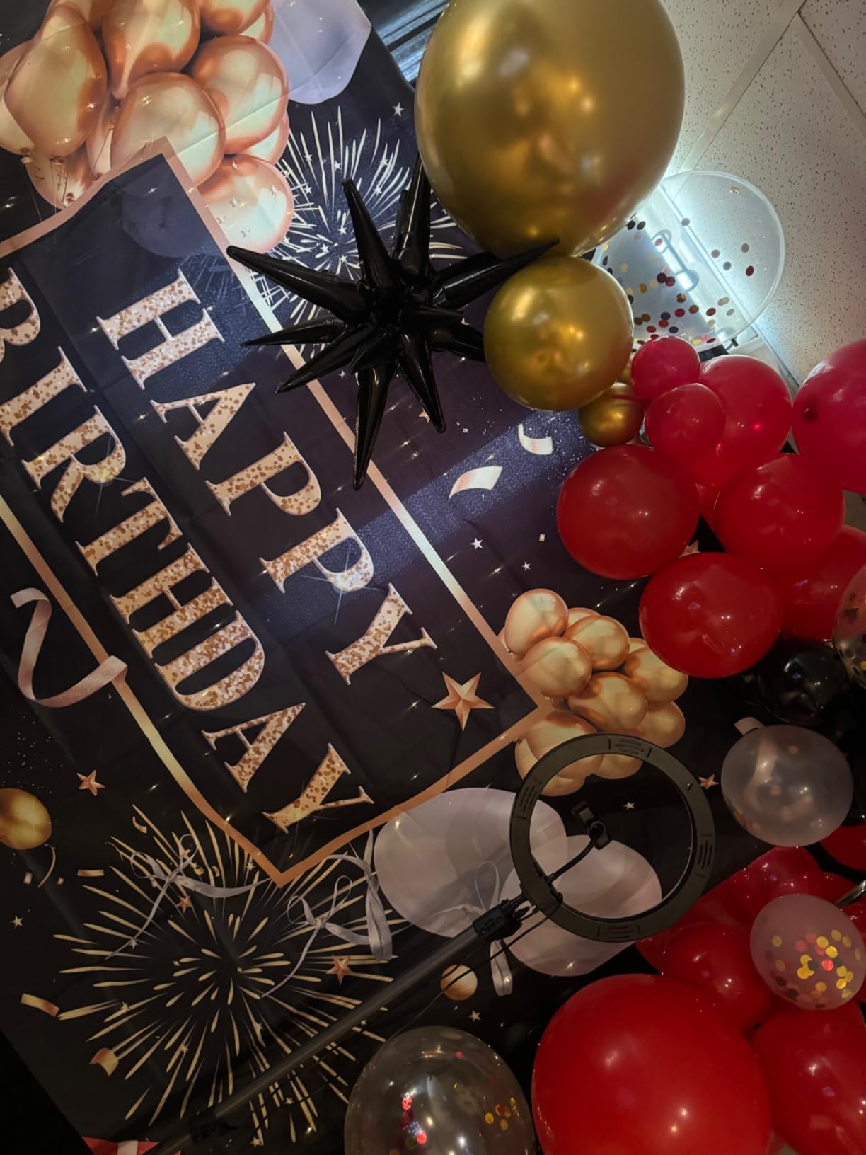 Saliyaa 7x5ft Happy Birthday Backdrop Banner, Birthday Party Decor, Black Gold Poster Photo Booth Backdrop Background Banner for Men Women 30th 40th 50th 60th 70th 80th Bday Party Supplies customer photo 1