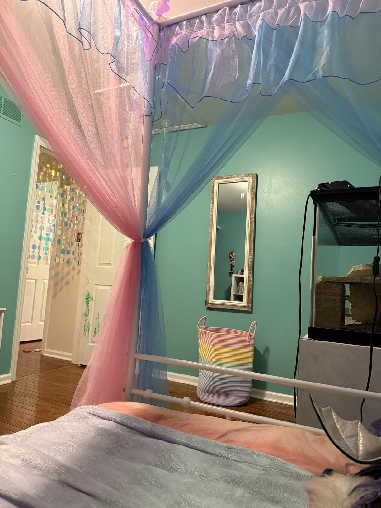 Mengersi Rainbow Canopy Bed Curtains with Lights - Princess Bed Canopy for Girls - Bed Drapes Netting- Bedroom Decoration Accessories, Twin customer photo 1
