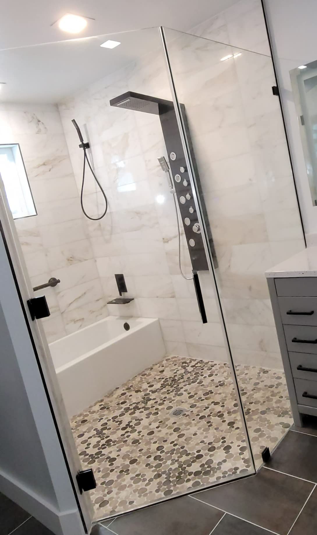 ROVOGO Shower Panel Tower with Rainfall Waterfall Shower Head, 5 Body Jets and 3-Function Handheld, High Pressure Rain Massage System, Wall-Mount Shower Column, Stainless Steel Brushed customer photo 2