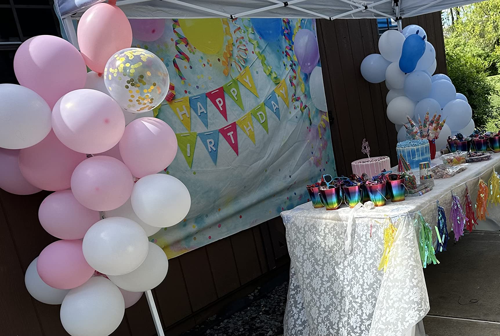 BELECO 7x5ft Fabric Happy Birthday Backdrop Kids Birthday Party Decorations Birthday Banner Colorful Balloons Birthday Party Backdrop Cake Table Decor Boy Girl Women Photoshoot Photo Background Props customer photo 2
