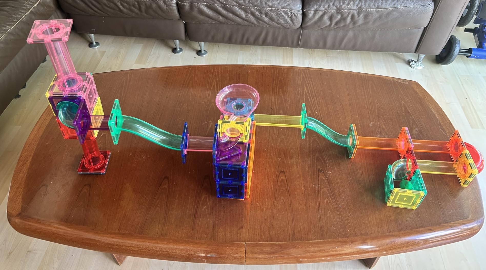 PicassoTiles 100 Piece Marble Run Magnetic Tiles Race Track STEM Ages 3+ | BPA-free ABS plastic, reinforced edges, curved slopes and U-turns, steel balls included, open-ended maze layouts, shared play customer photo 1