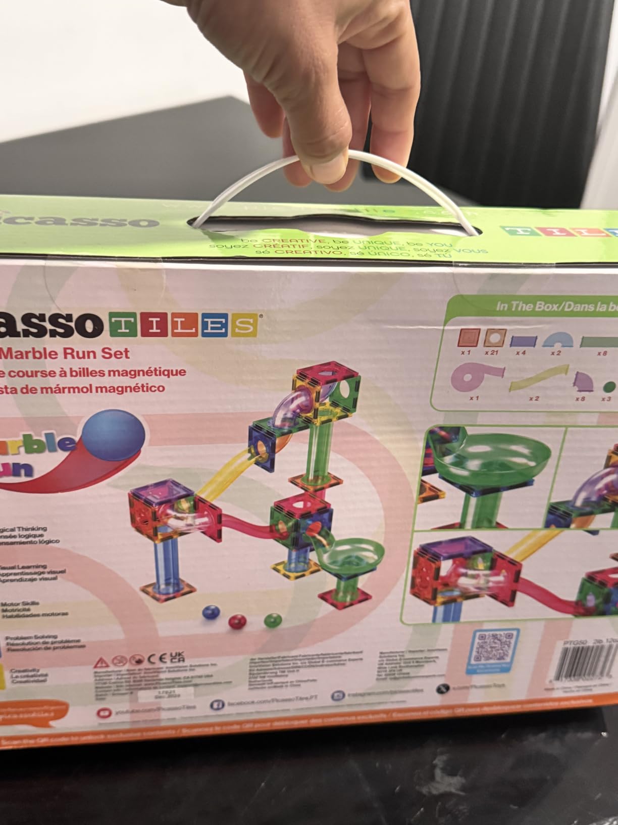 PicassoTiles 100 Piece Marble Run Magnetic Tiles Race Track STEM Ages 3+ | BPA-free ABS plastic, reinforced edges, curved slopes and U-turns, steel balls included, open-ended maze layouts, shared play customer photo 2