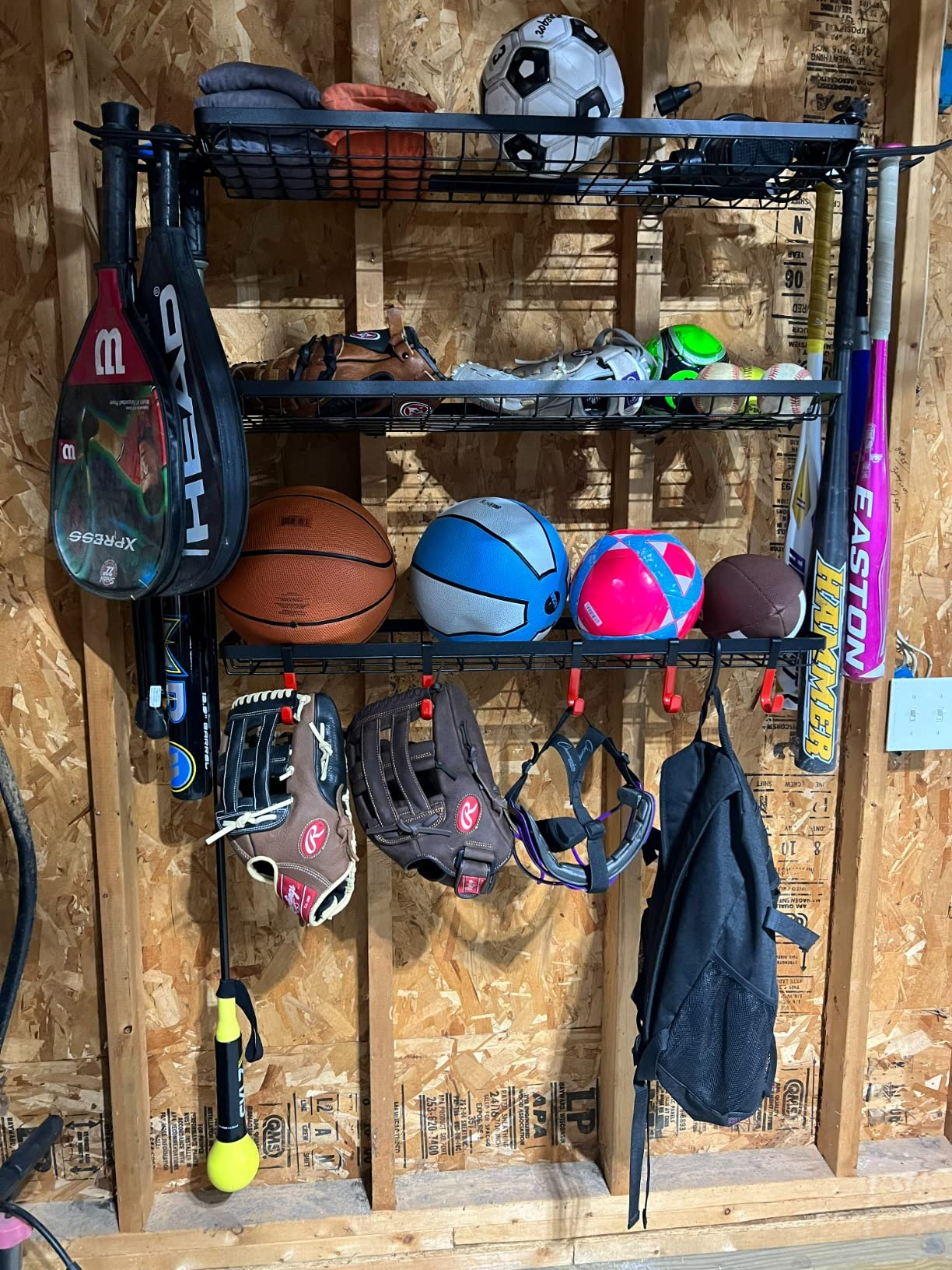 Mythinglogic 3-Piece Wall Mount Ball Storage and Sports Equipment Organizer | Customizable sports storage for balls, bats, helmets and accessories with hooks for garage, gym, school or playroom customer photo 1