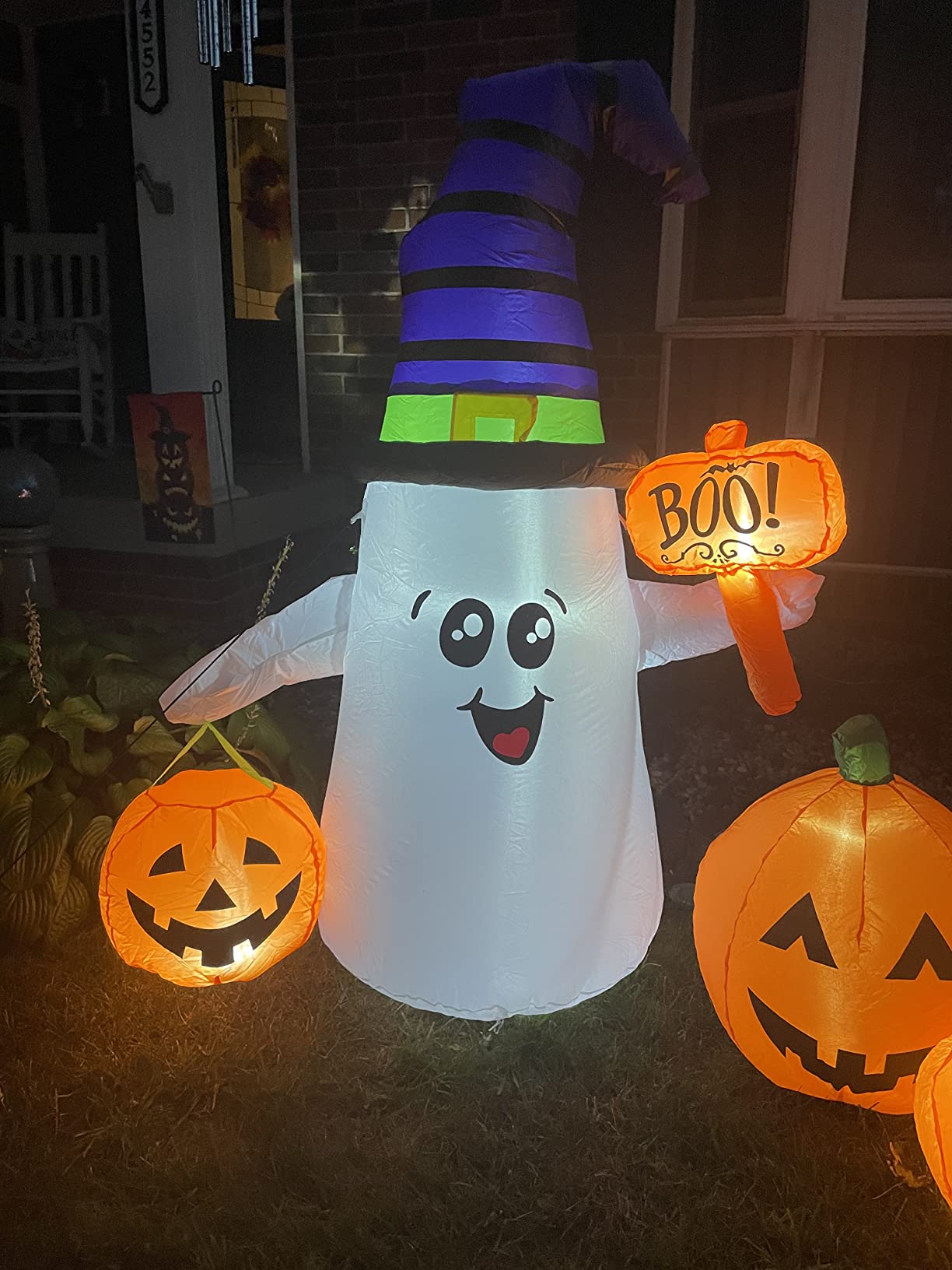 GOOSH 5 FT Halloween Inflatables Ghost Outdoor Decorations Blow Up Yard Cute Wizard Ghost with Pumpkin with Built-in LEDs for Garden Lawn Indoor Party Holiday Decor customer photo 2