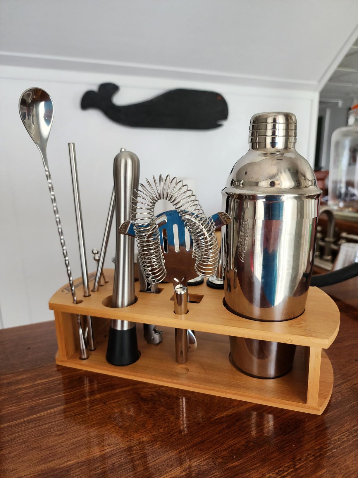 KITESSENSU Cocktail Shaker Set Bartender Kit with Stand | Bar Set Drink Mixer Set with All Essential Accessory Tools: Martini Shaker, Jigger, Strainer, Mixer Spoon, Muddler, Liquor Pourers | Silver customer photo 1