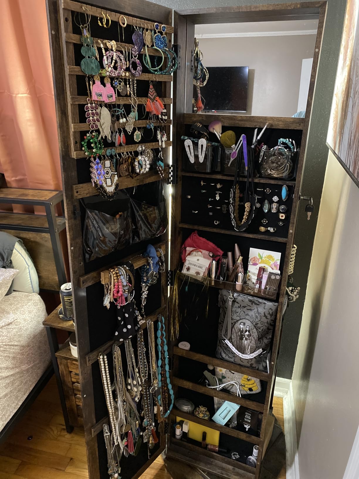 SONGMICS 360° Swivel Jewelry Cabinet, Lockable Jewelry Organizer with Full-Length Mirror, Rear Storage Shelves, Interior Mirror, Jewelry Armoire, Gift Idea, Rustic Brown UJJC006X01 customer photo 1