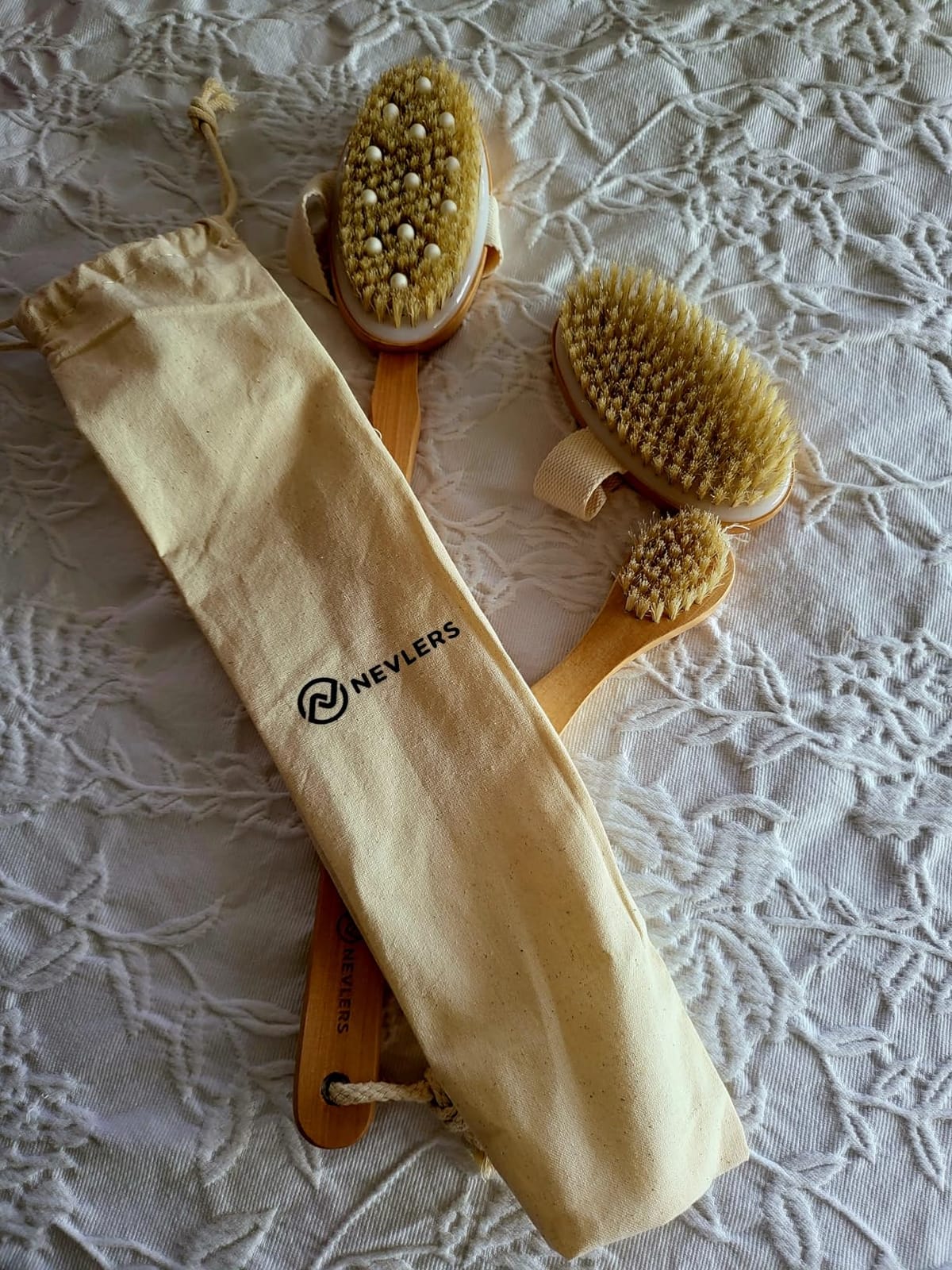 Nevlers 5-Pack Natural Boar Bristle Wood Dry Brush Set for Skin Exfoliation | Detachable Long Shower Back Scrubber , Face Dry Brush for Lymphatic Drainage , Dry Brush Body Exfoliator, Manicure Tool & Bag customer photo 2