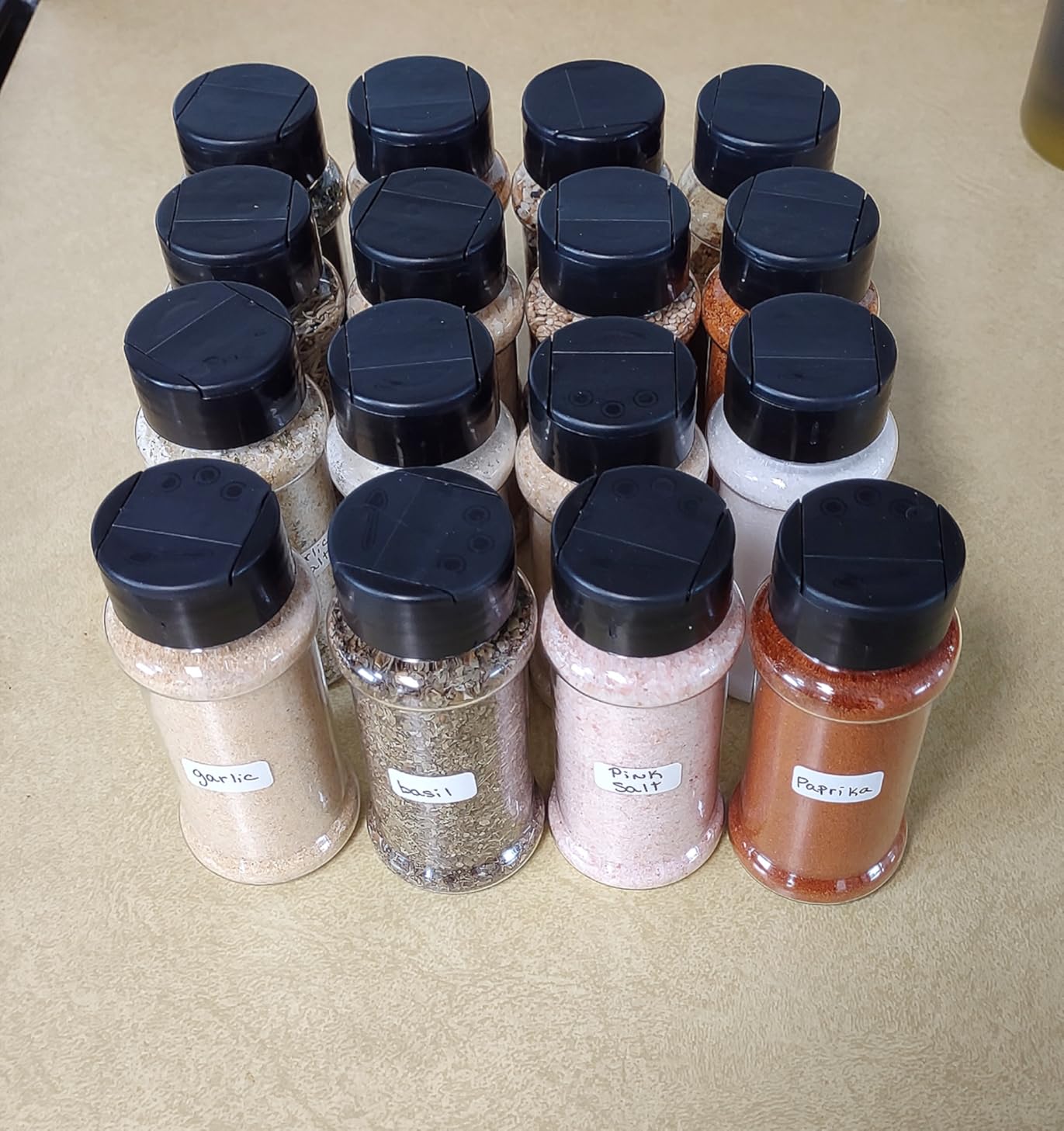 OJYUDD 16 Pack 3.4oz/100ml Plastic Spice Bottles Set, Empty Seasoning Containers with Black Cap, Clear Reusable Containers Jars for Spice, Herbs, Powders, Glitters customer photo 2