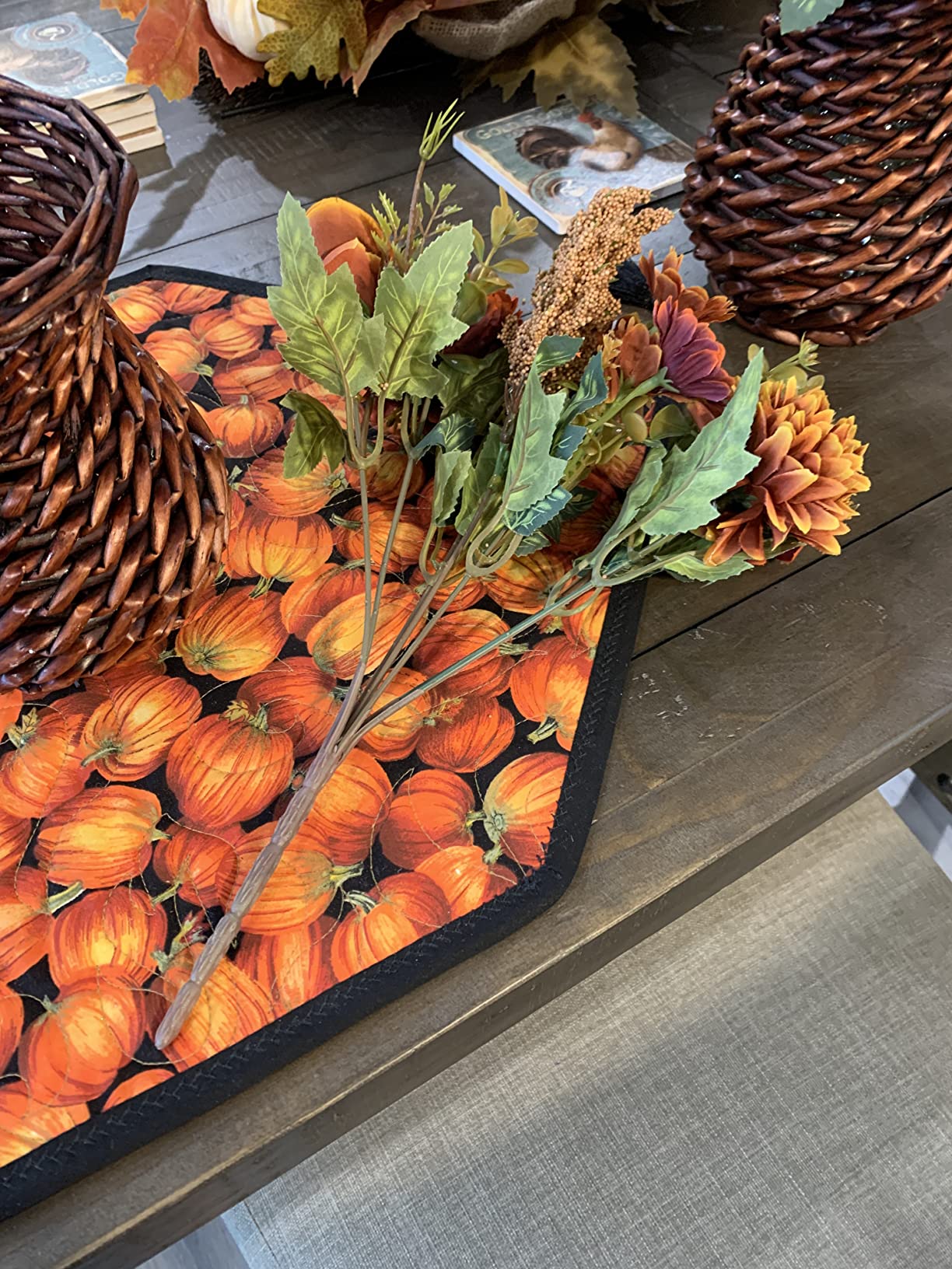 Fall Artificial Faux Flowers in Vase Fake Silk Rose Bouquets Indoor Decor | Floral Arrangements Mums Rose Mix with Handmade Rattan Vase, Farmhouse Table Centerpieces for Dining Room kitchen Office customer photo 1