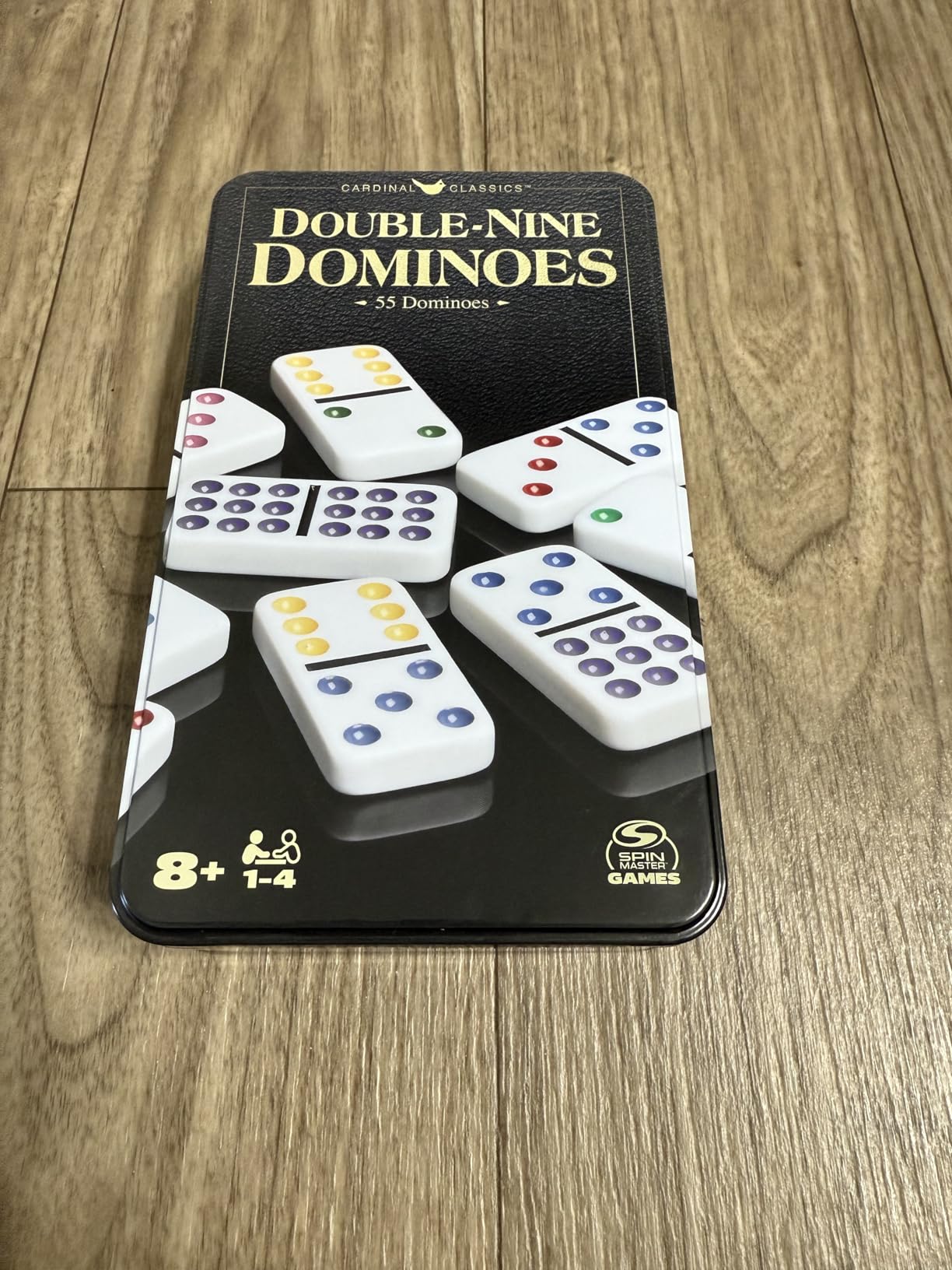 Spin Master Games Double 9 Dominoes Set in Storage Tin Classic Tile Game | Includes 55 Dominoes, Easy-to-Read Color-Coded Pips, Teaches Math & Matching Skills, Family Game Night, 2-6 Players, Ages 8+ customer photo 1