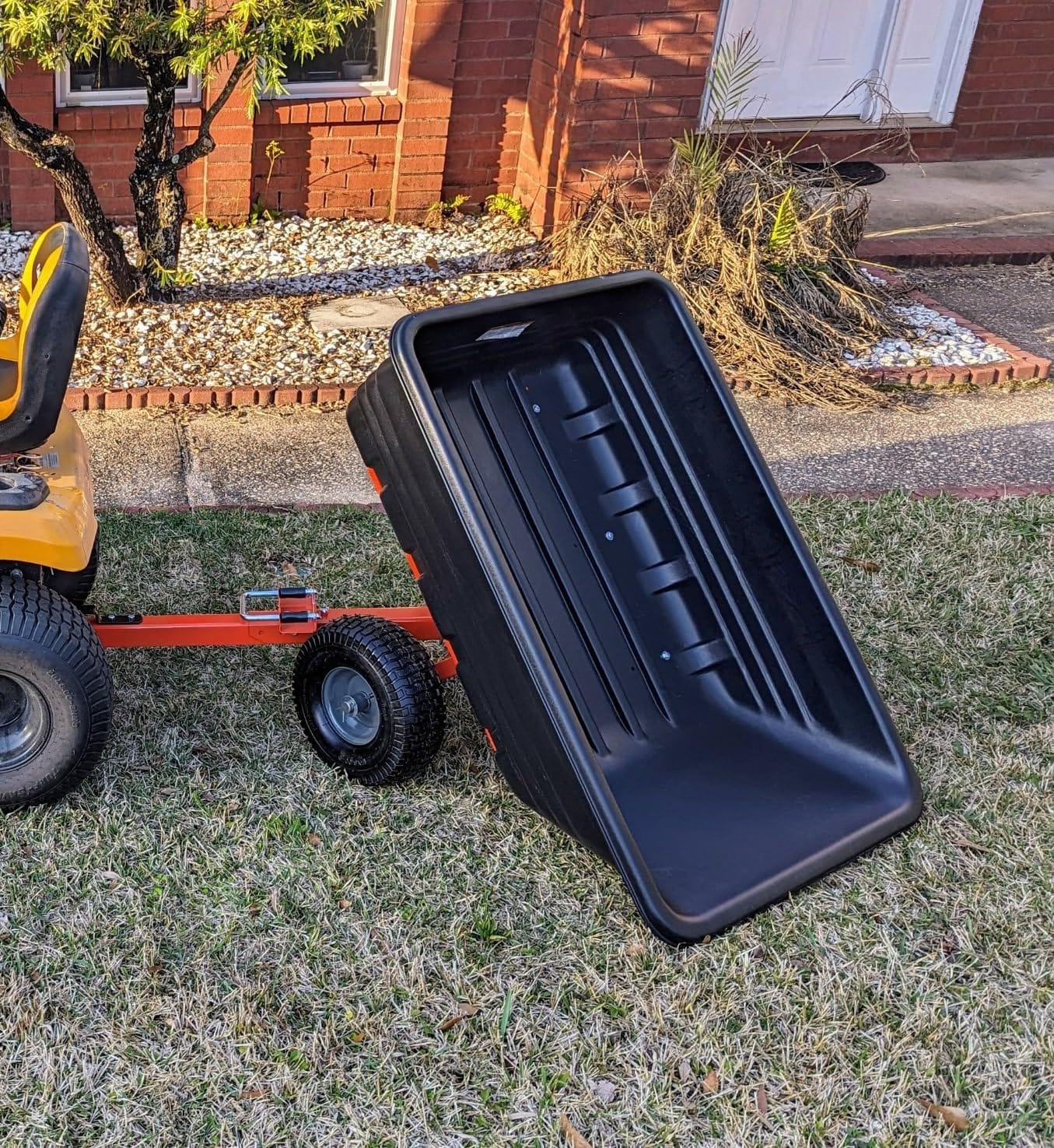 Agri-Fab Tow Behind Poly Dump Swivel Cart for Lawn Tractors and Mowers, 700 lb Capacity, 12 Cu Ft Utility Trailer customer photo 2