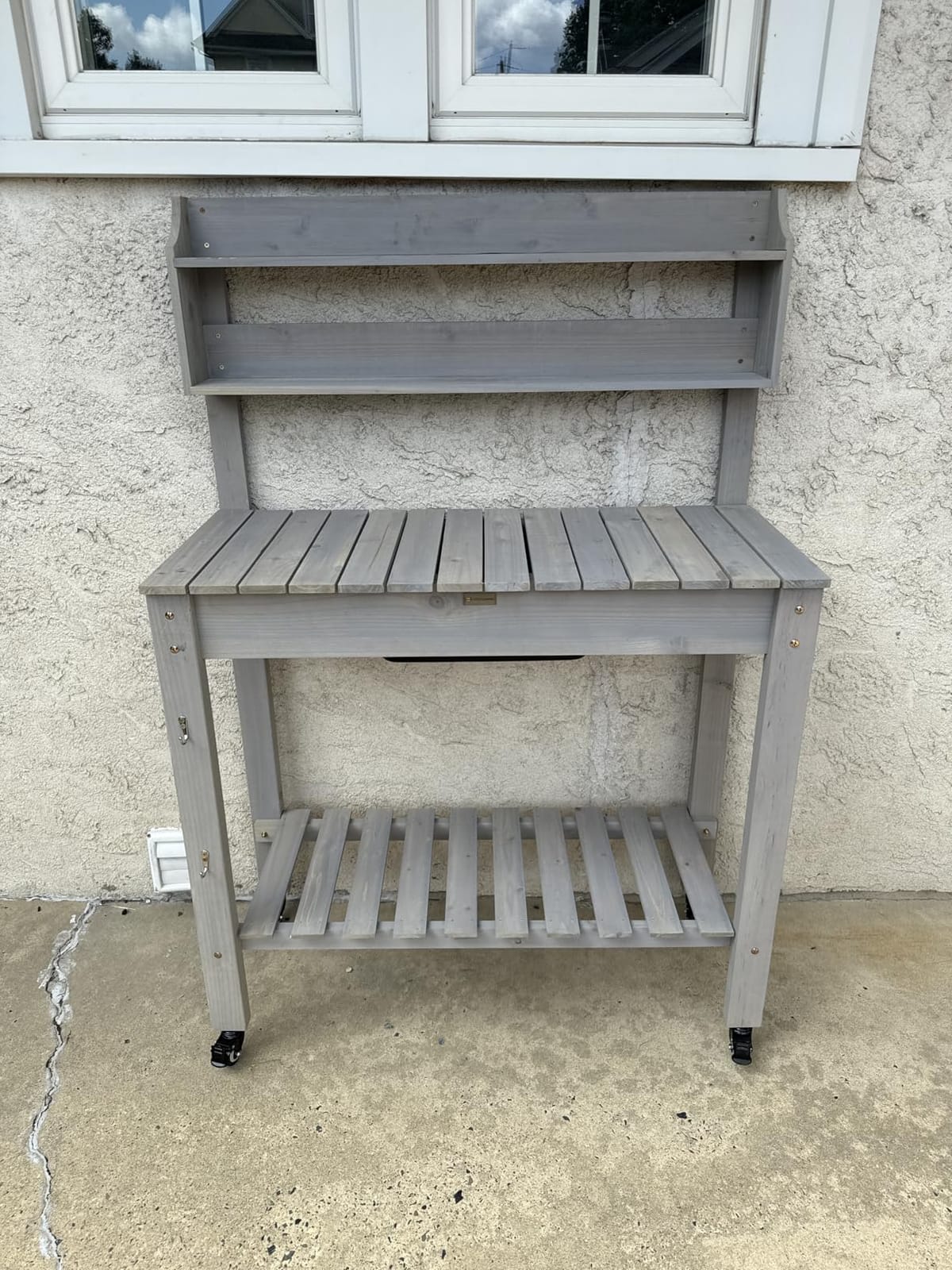 Best Choice Products Mobile Garden Potting Bench, Outdoor Wood Workstation Table w/Sliding Tabletop, 4 Locking Wheels, Food Grade Dry Sink, Storage Shelves - Brown customer photo 1