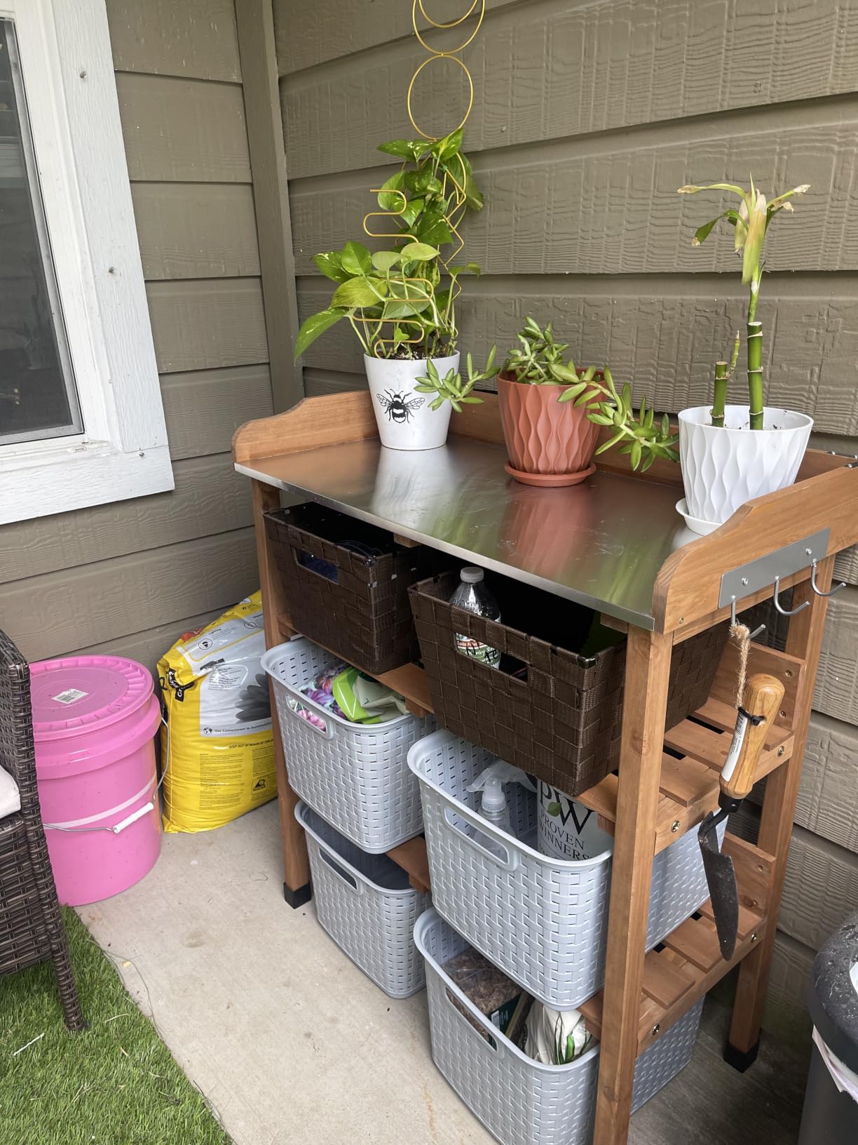 Yaheetech Potting Bench Outdoor Console Table w/3-Tier Storage, Natural Wood | Metal Tabletop, 3-Tier Storage Shelves with Hooks, Outdoor Gardening Table for Planting, Potting and Organizing Garden Tools customer photo 2