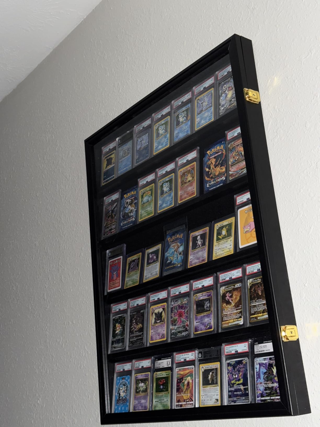 35 Graded Sports Card wall-Mounted Display case for Shows, Black | Matte black wooden frame, UV anti-yellow acrylic panel, lockable design, shockproof foam packaging, for vendor card customer photo 2