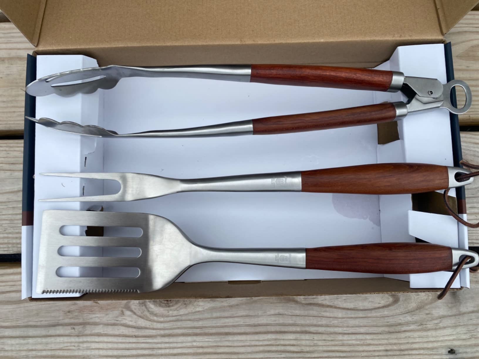 GRILAZ Heavy-Duty Rose Wooden BBQ Grilling Tools Set. Extra Thick Stainless Steel Multi-Function Spatula, Fork & Tongs | Essential Accessories for Barbecue & Grill. Ideal Gift for Father customer photo 2