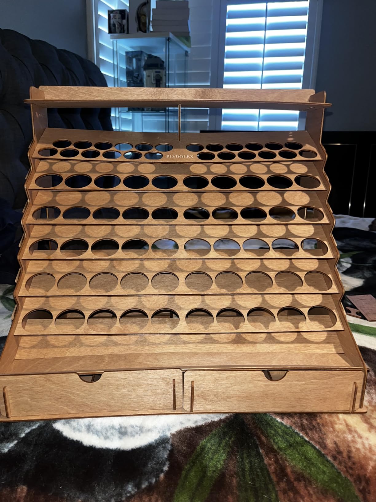 Plydolex Wooden Paint Organizer - 74 Holes Suitable for Vallejo, Citadel, Tamiya Paint Bottles - 14 Brushes Holes, 6 Minis Stands and 2 Drawers - Works for Warhammer, DnD and Other Miniatures customer photo 2