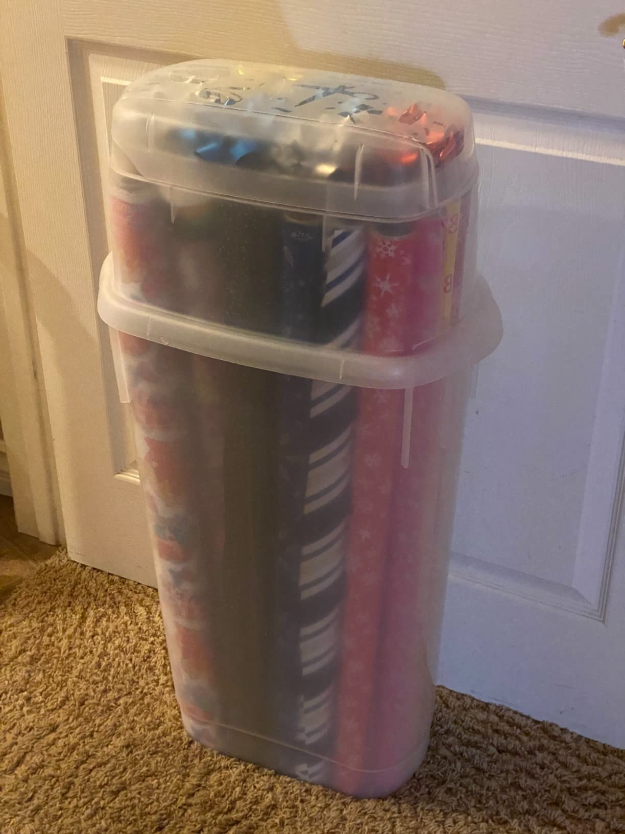 Rubbermaid Wrap N' Craft Plastic Wrapping Paper Organizer Storage Container with Top Ornament Storage Compartment for 20 Standard 30 Inch Rolls, Clear customer photo 2