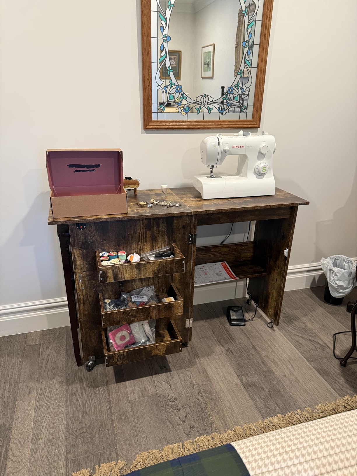 VIVOHOME Folding Sewing Table for Sewing Machine, Sewing Desk with Storage | Rolling Sewing Craft Table with Storage Shelves, Trays, Wheels, Foldable Sewing Cabinet for Small Spaces, Rustic Brown customer photo 1