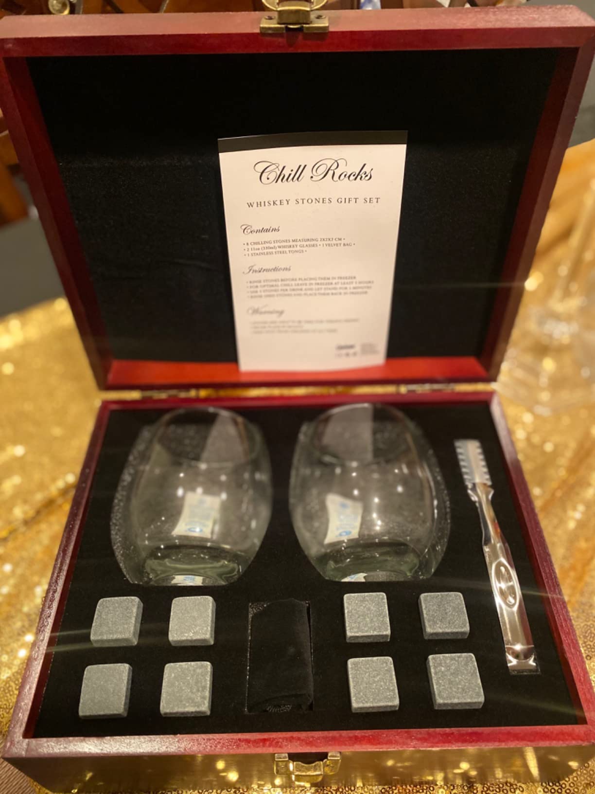 Premium Chill Rocks Whiskey Gift Set - Whisky Scotch Chilling Stones - 2 Glasses + 8 Beverage Cooling Soapstones + Stainless Steel Tongs + Velvet Storage Pouch - Luxury Wooden Gift Box - Men's Gift customer photo 1