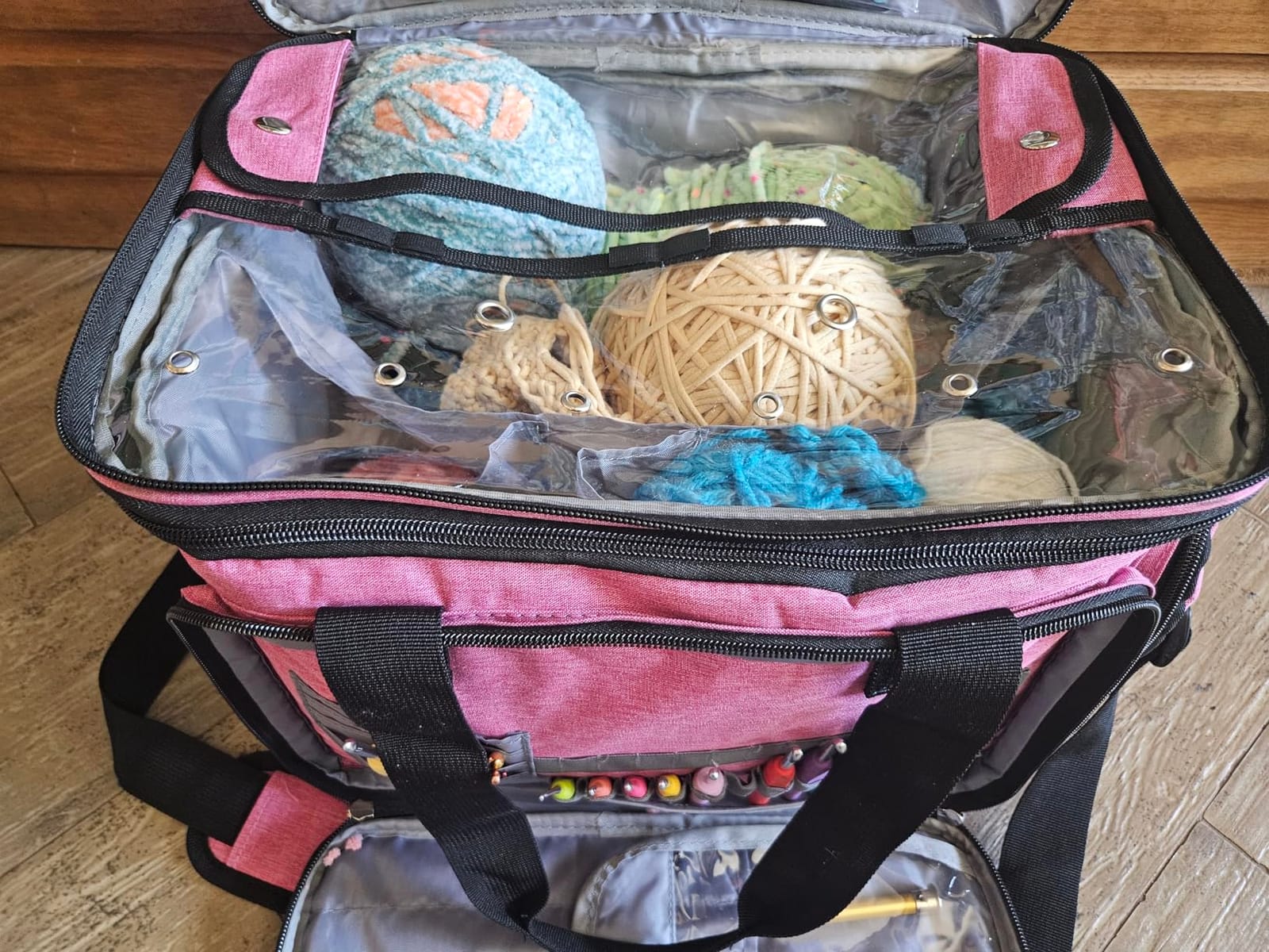 PAVILIA Knitting Bag Yarn Storage Tote - Crochet Organizer Bag, Yarn Storage Holder with Dividers for Knitting Accessories, Yarn Skiens, Needles, Hooks, Unfinished Project (Heather Gray) customer photo 2