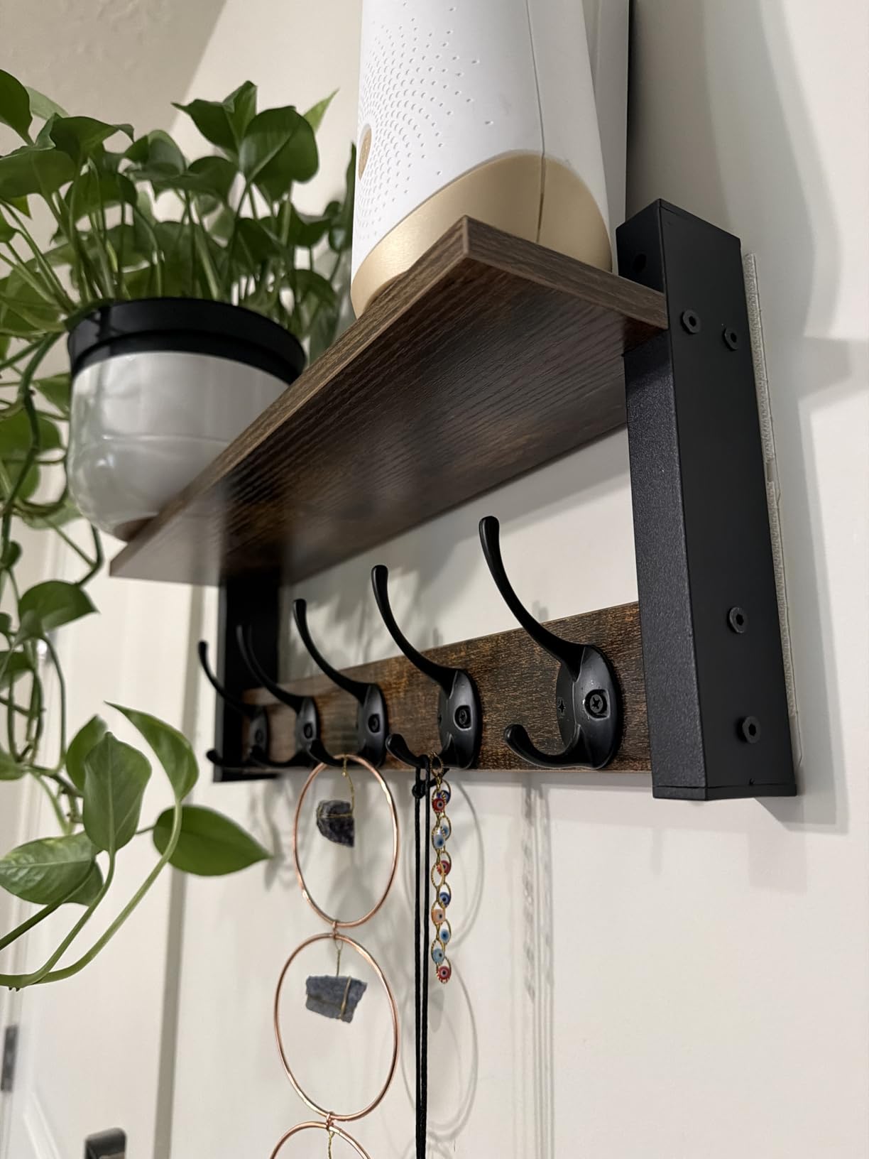 Wall Hooks with Shelf, Wood Coat Rack with Shelf Wall-Mounted, Entryway Hanging Shelves with 5 Metal Hooks for Clothes Hats Towel Purse Robes, Bathroom Mudroom Bedroom, Rustic Brown Black customer photo 1