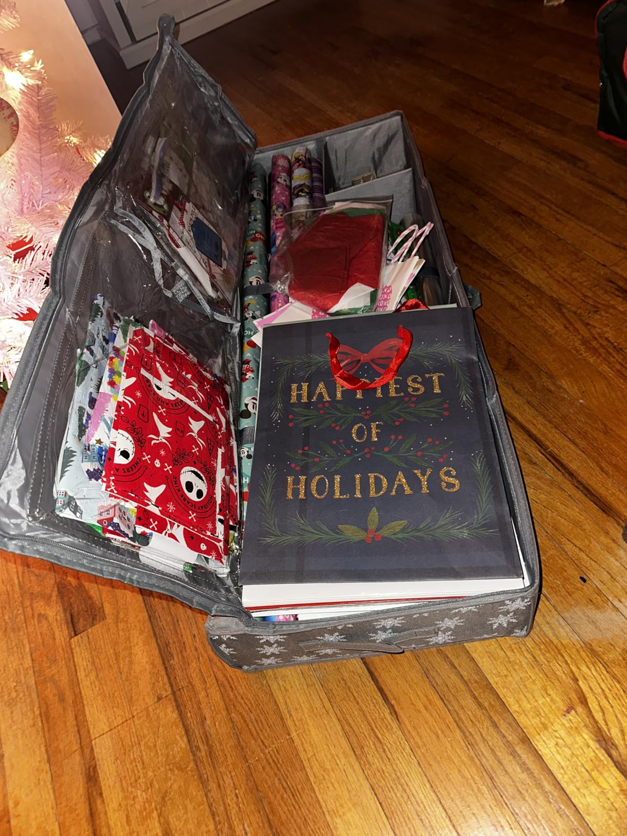HOLDN' STORAGE Premium Wrapping Paper Storage Container - Durable 600D Tear-Proof, Fits 27 Rolls Gift Wrap, Extra Pockets for Ribbons & Bows, Underbed Storage - Ideal for Holiday Christmas, Gray customer photo 1