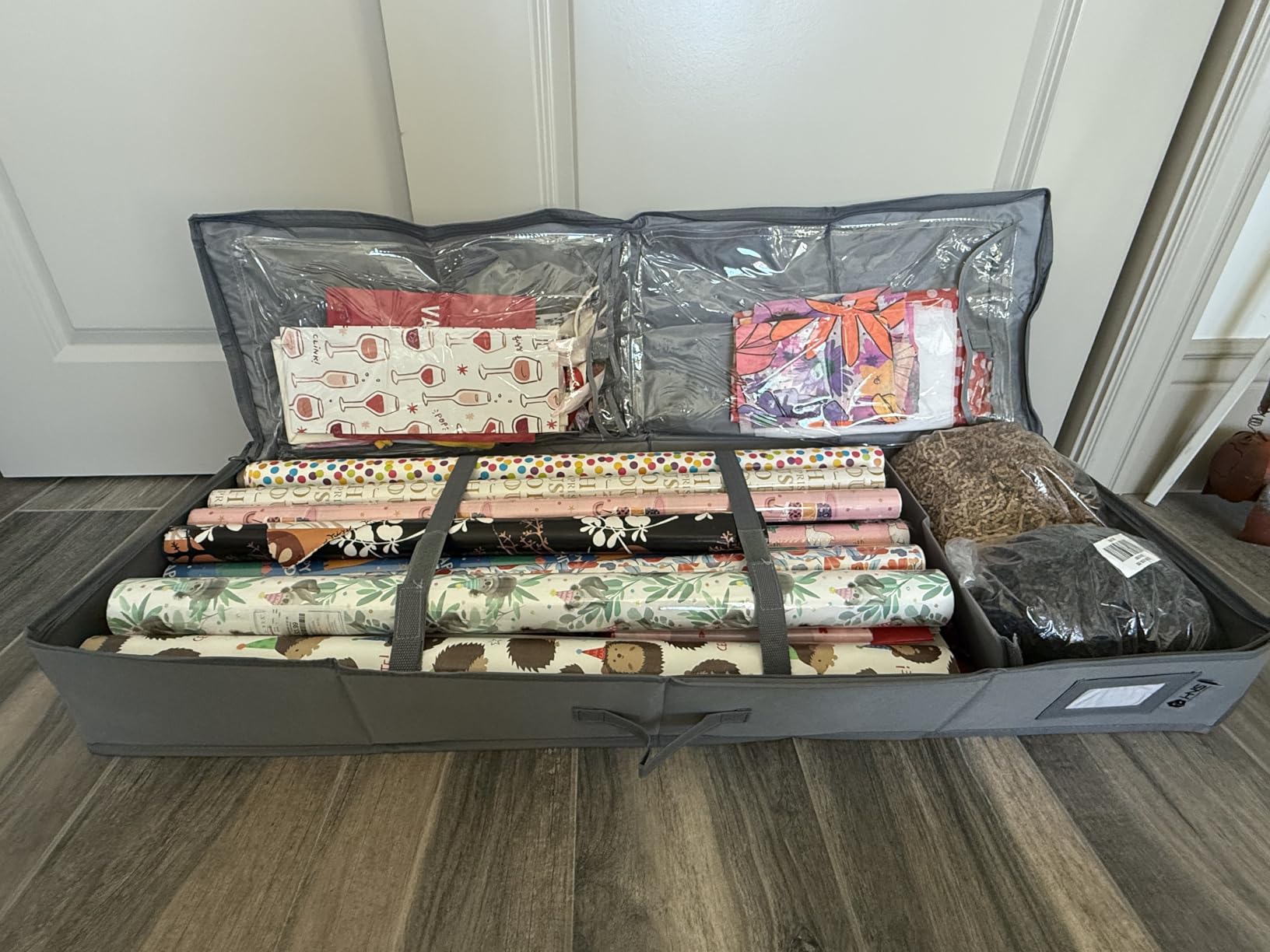HOLDN' STORAGE Premium Wrapping Paper Storage Container - Durable 600D Tear-Proof, Fits 27 Rolls Gift Wrap, Extra Pockets for Ribbons & Bows, Underbed Storage - Ideal for Holiday Christmas, Gray customer photo 2