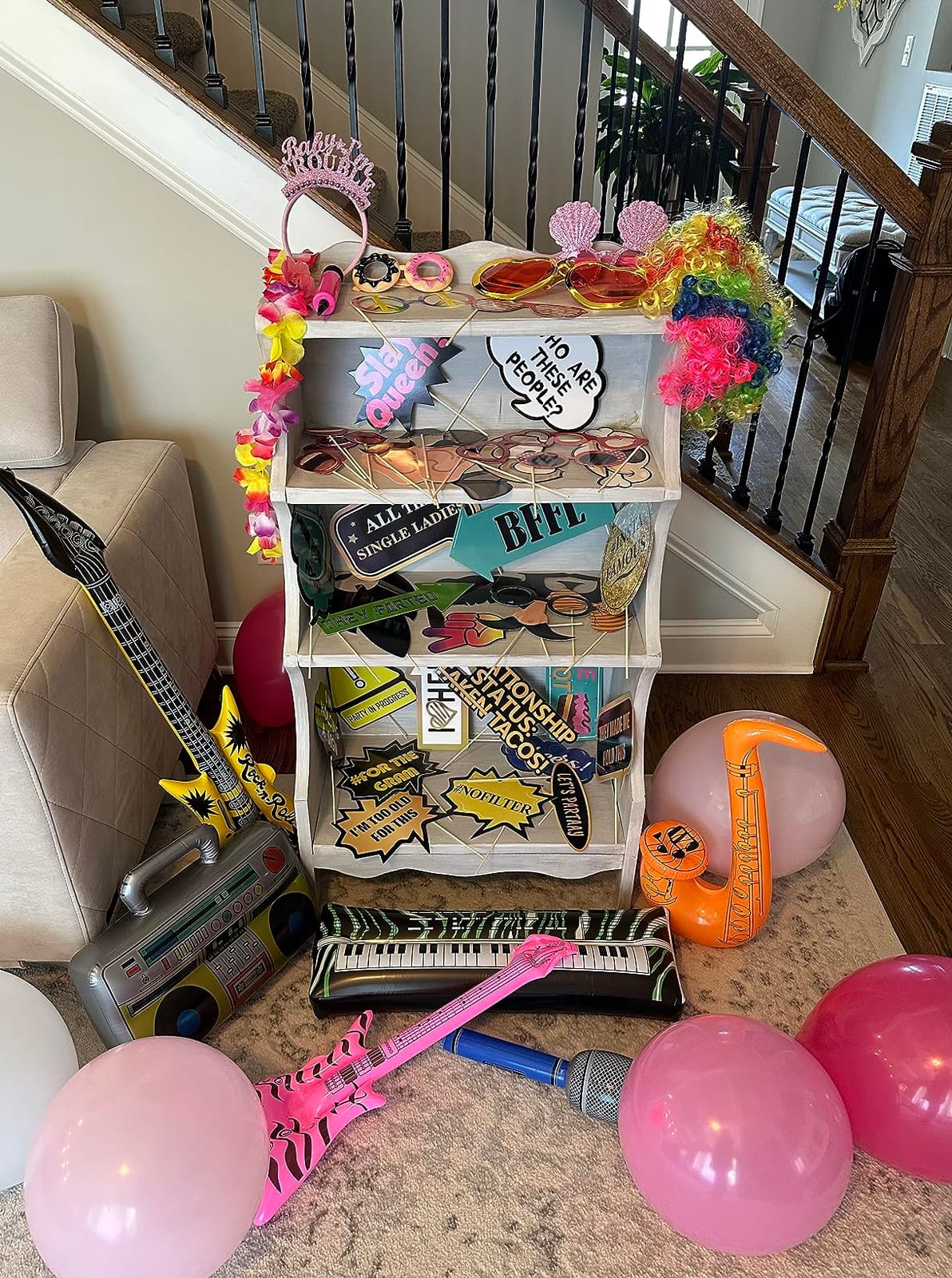SOUL SHIFT 70 Pc Large Premium Photo Booth Props Set for All Occasions - Wedding Props, Birthday Props, Graduation Prop, Inflatables, Large Glasses, Multi-Colored Wig, Hawaiian Lei, Hand Pump customer photo 1