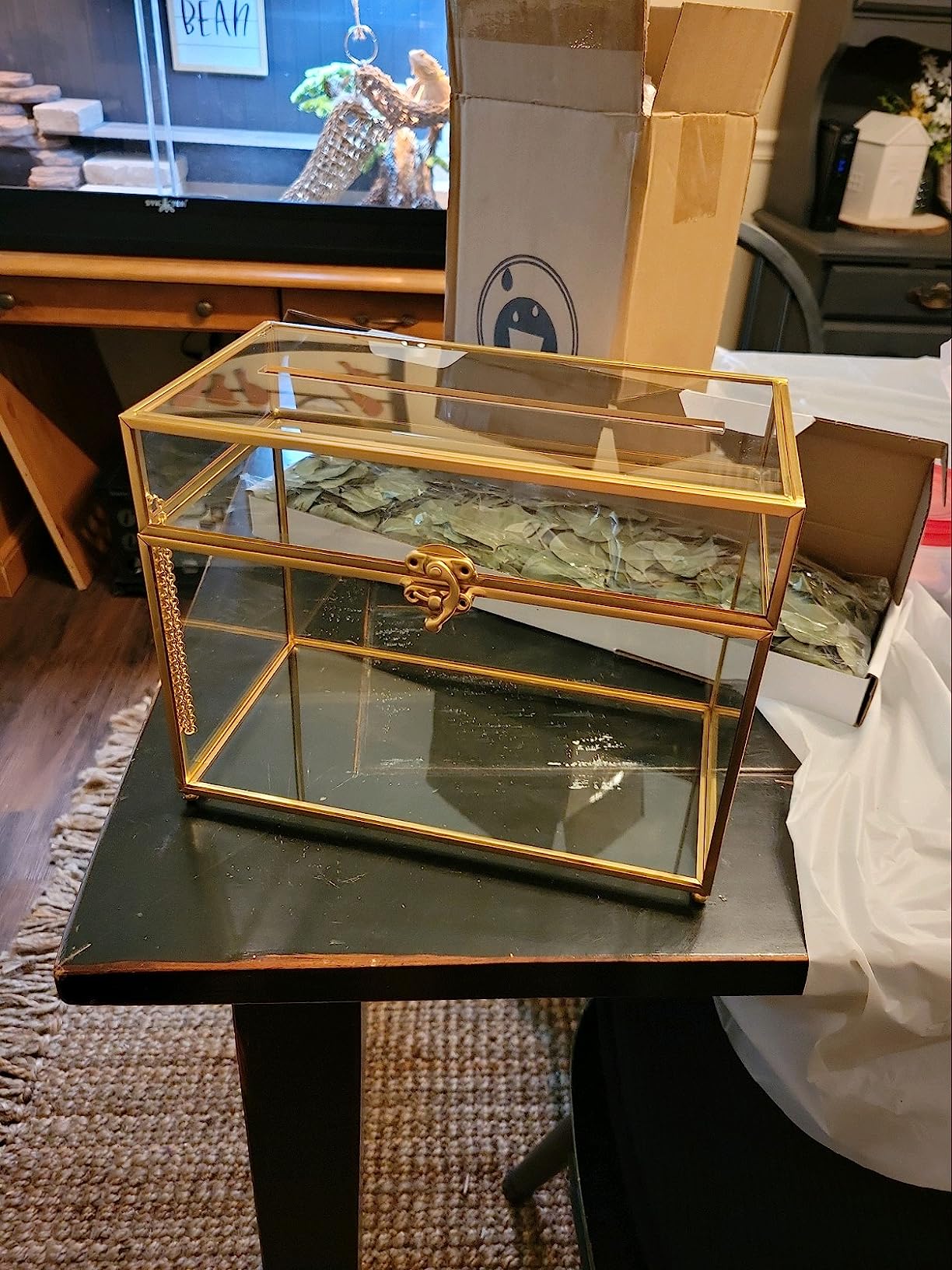 YIMORENCE V Gold Glass Card Holder - Rectangle Shape Wedding Envelope Box with Slot and Foot customer photo 1