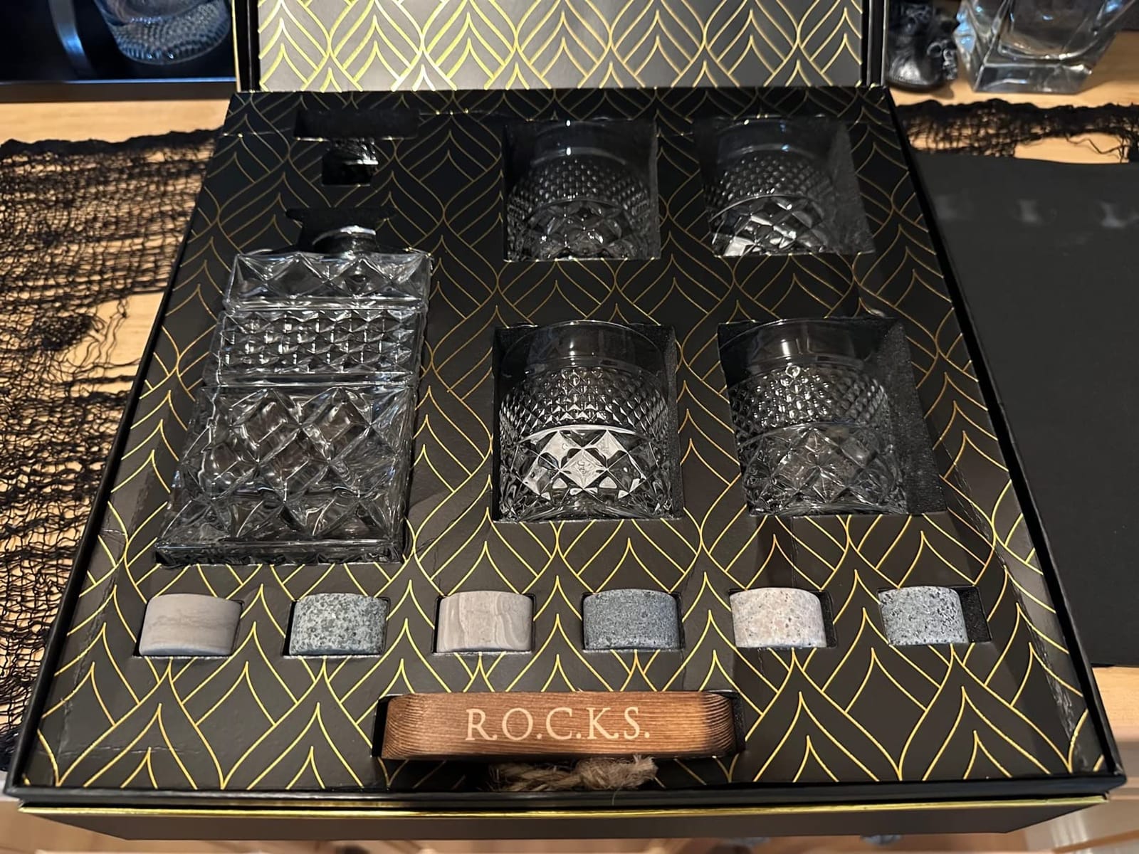 Whiskey Decanter Gift Set with 4 Cocktail Glasses & Handcrafted Granite Whiskey Chilling Stones - Whisky Carafe Glass for Liquor, Scotch, Bourbon Tasting - Magnificent Gold Foil Gift Box by Rocks customer photo 2