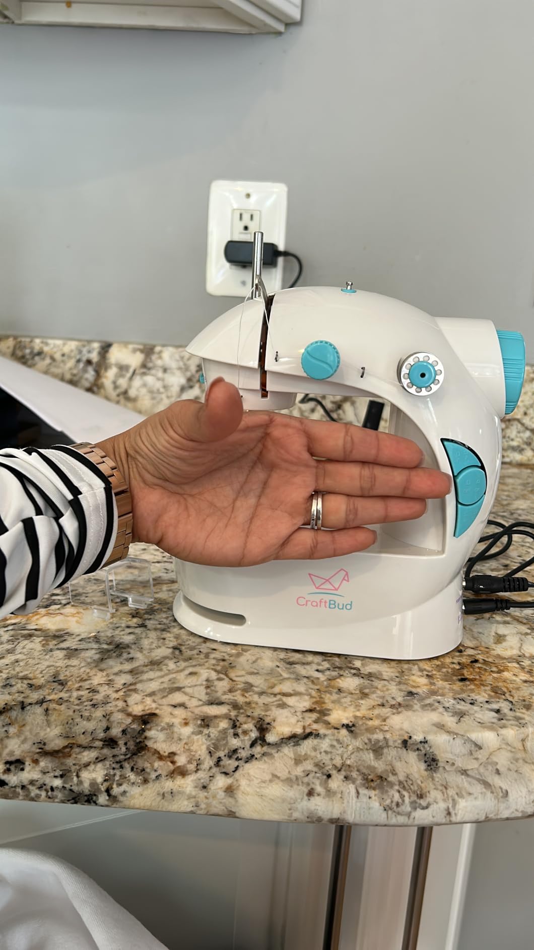 CraftBud Mini Sewing Machine for Beginners, Adults and Kids | 48-Piece Sewing Kit Accessories, Portable, Dual Speed, Extension Table, Foot Pedal, Built-in Light, Guide Book & More, White customer photo 2