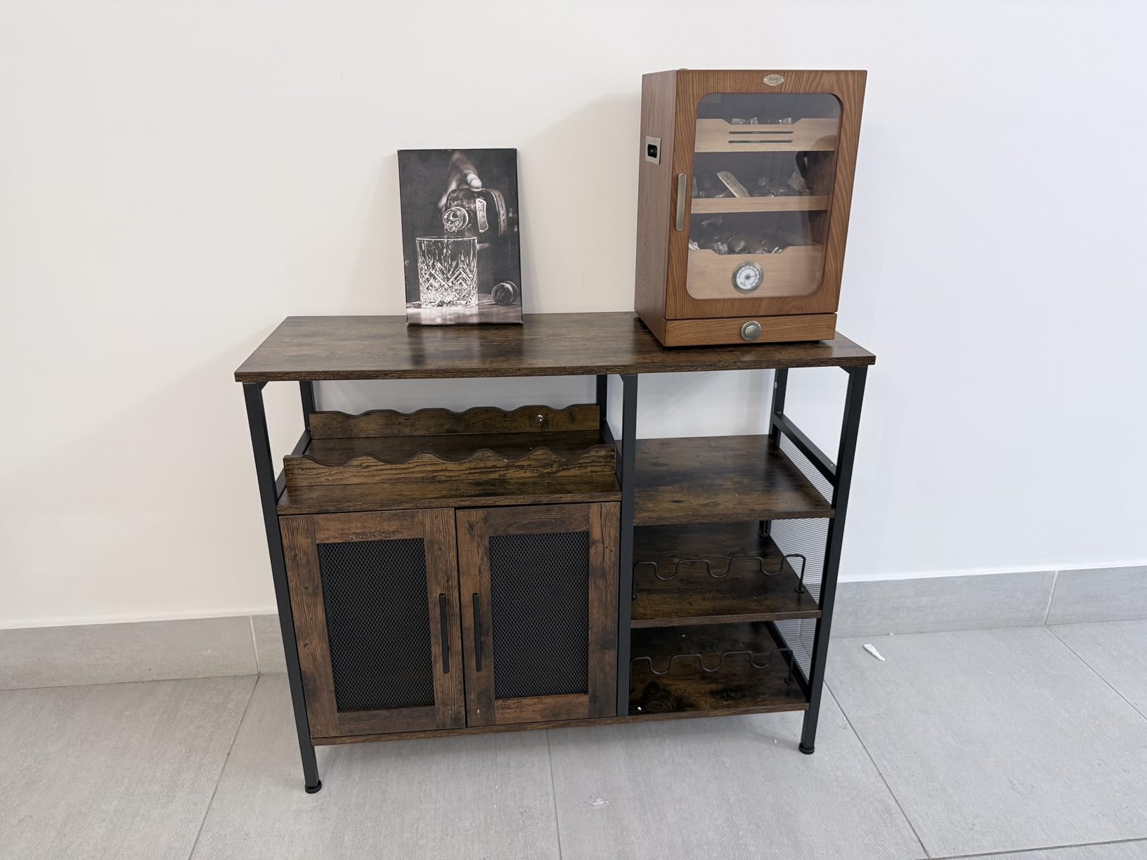 X-cosrack Wine Bar Rack Cabinet with Detachable Wine Rack, Coffee Bar Cabinet with Glass Holder, Small Sideboard and Buffet Cabinet with Mesh Door, Rustic Brown, Large customer photo 1