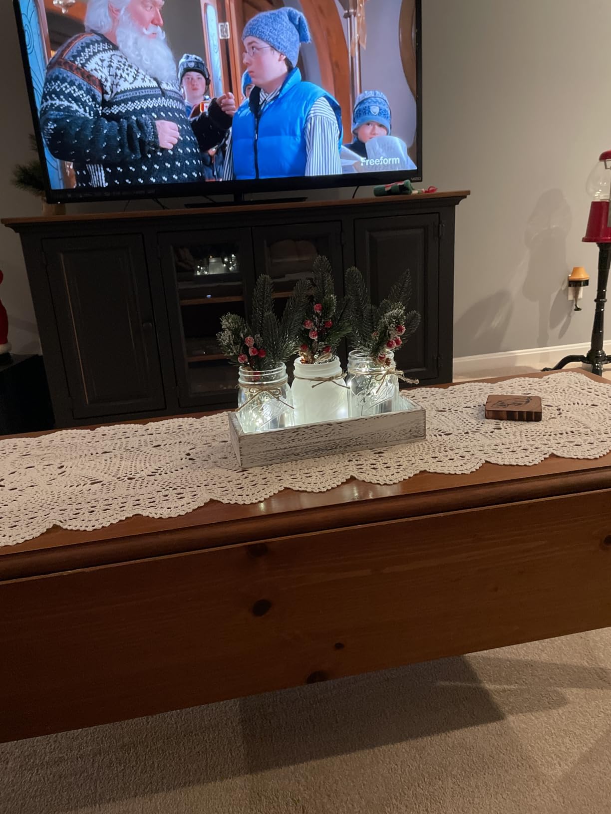 Winter Mason Jar Centerpiece for Table with LED Lights & Artificial Plants, Set of 3 Farmhouse Decorative Mason Jars for Christmas Home Decor customer photo 1