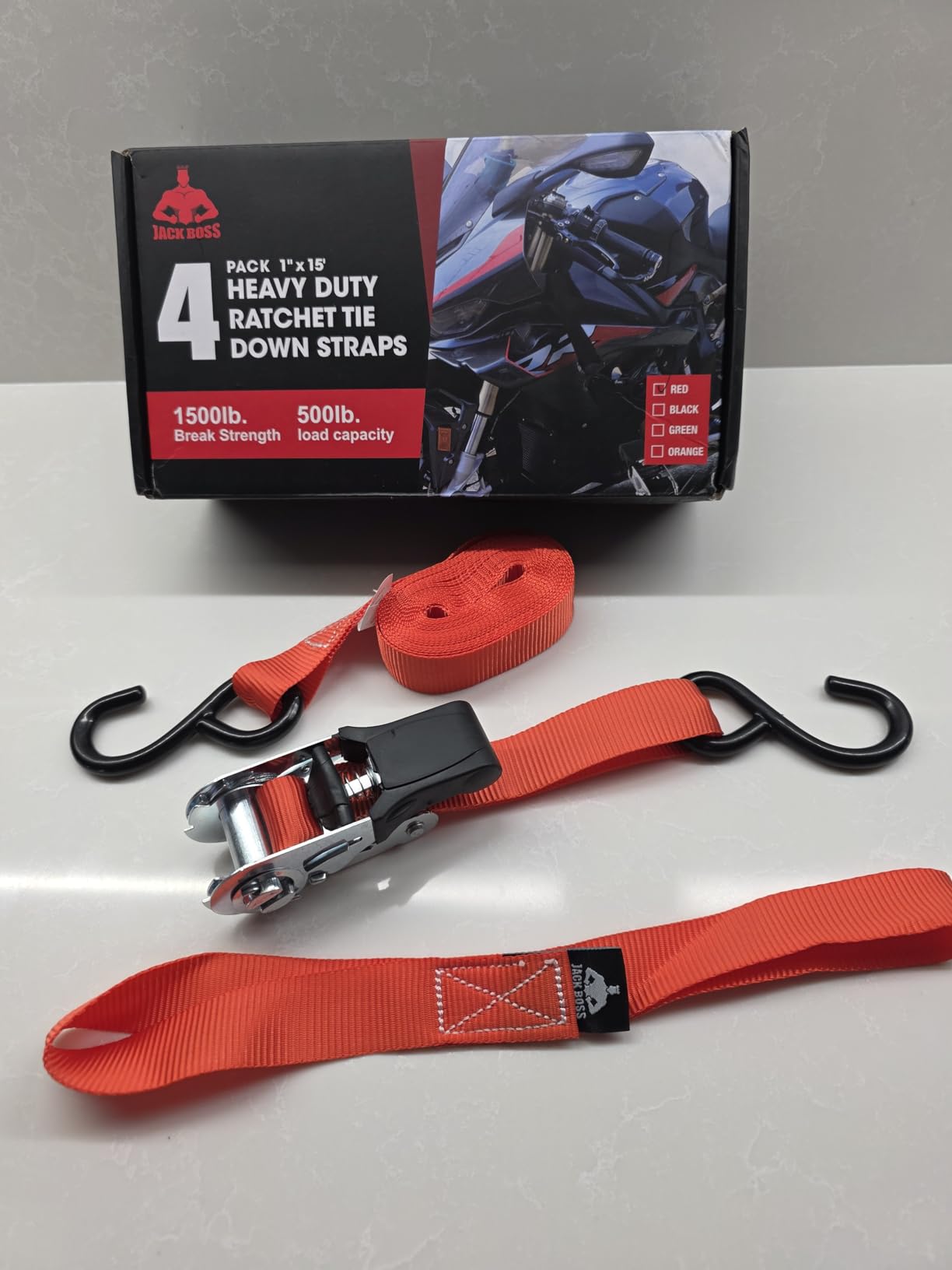 Jack Boss Ratchet Tie Down Straps Set,1500 lbs Break Strength, 1