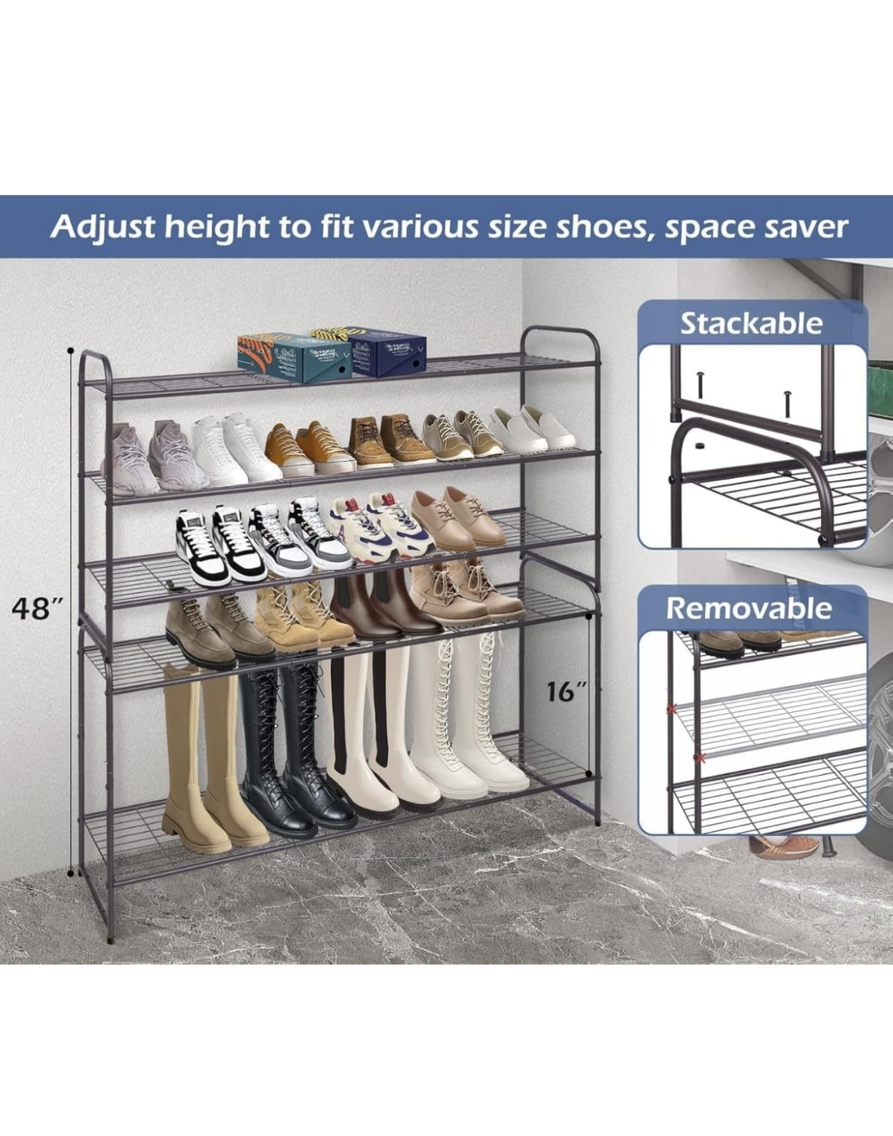 KEETDY 3-Tier Long Shoe Rack for Closet Metal Shoe Organizer for Entryway, Wide Stackable Shoe Storage Shelf with Sturdy Wire Grid for Closet Floor, Bedroom, Black customer photo 2