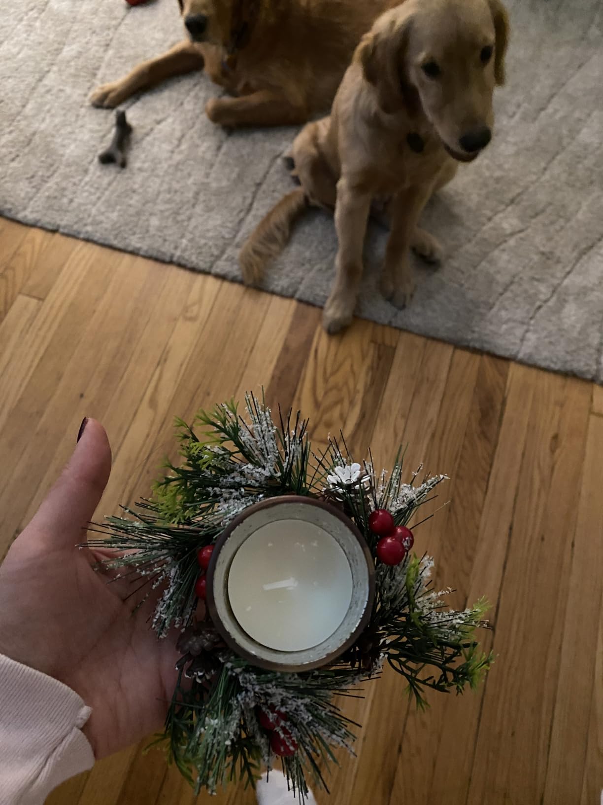 Christmas Candle Ring, 4 Pcs Votive Candle with Red Berry Pinecone, Xmas Ring Candle for Table Centerpiece Decoration Wedding Holiday, Gold customer photo 1