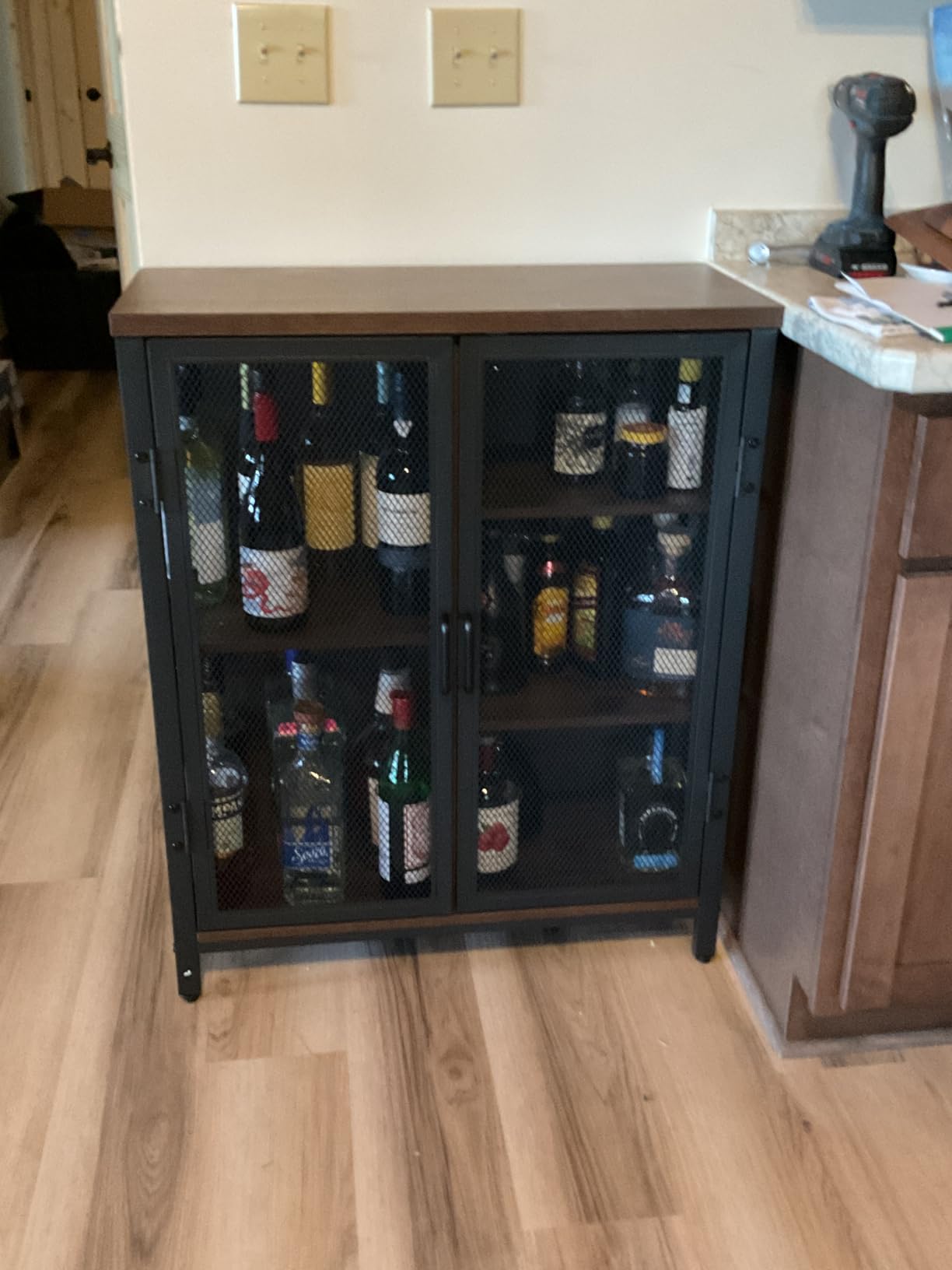 BON AUGURE Coffee Bar Cabinet for Liquor, Small Storage Cabinet, Rustic Oak | 2 Doors, Industrail Alcohol Cabinet, Adjustable Shelves, Farmhouse Sideboard Buffet for Home Kitchen, Dining, Living Room customer photo 2