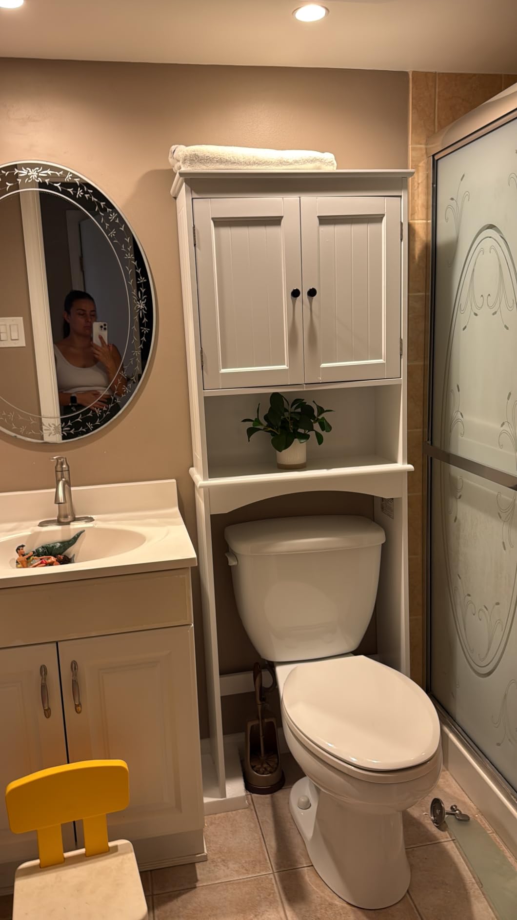 Gizoon Over the Toilet Storage Cabinet with Adjustable Shelf and Double Doors, Bathroom Space Saver Organizer Above Toilet with Open Shelf, Taller Wooden Free Standing Toilet Rack -White customer photo 1