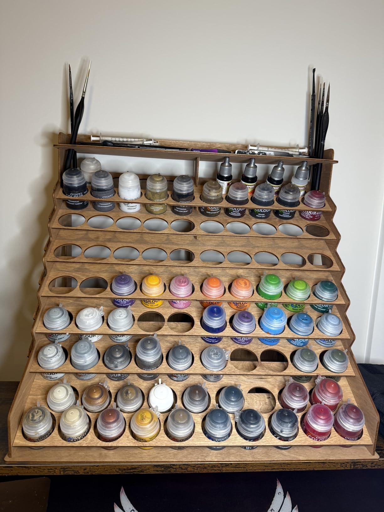 Plydolex Citadel Paint Organizer for 87 Bottles and 14 Brushes - Works for 10 ml Tamiya & 24 ml Citadel - Plywood Paint Rack with 6 Miniature Painting Stands for Warhammer 40K, DnD & Other Minis customer photo 1