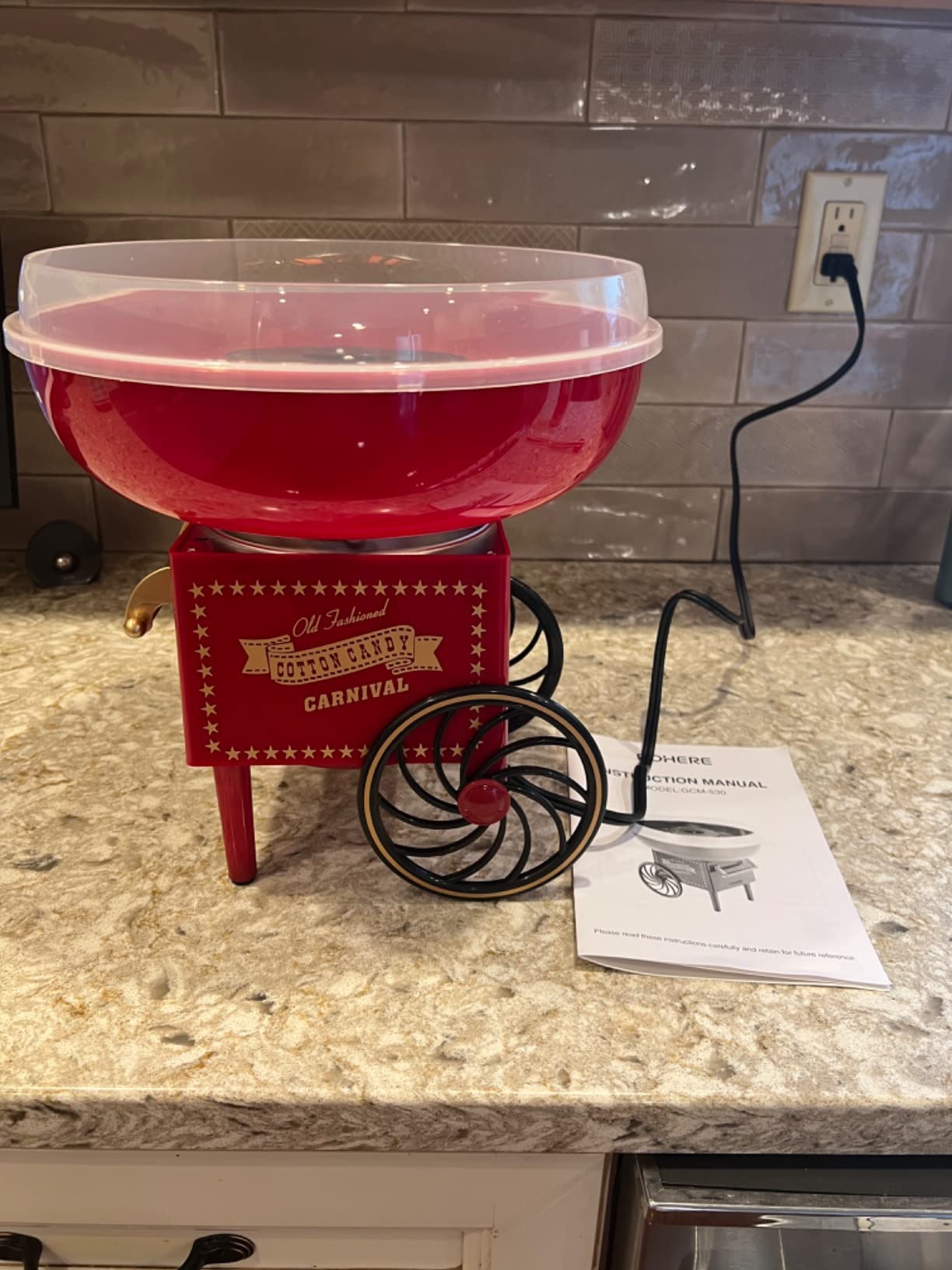 FOHERE Vintage Cotton Candy Machine for Kids Birthday, Red | Countertop Sugar Floss Maker with Scoop Plus 10 Cones, Great for Children's Birthday parties, Carnivals, or Backyard Events customer photo 1