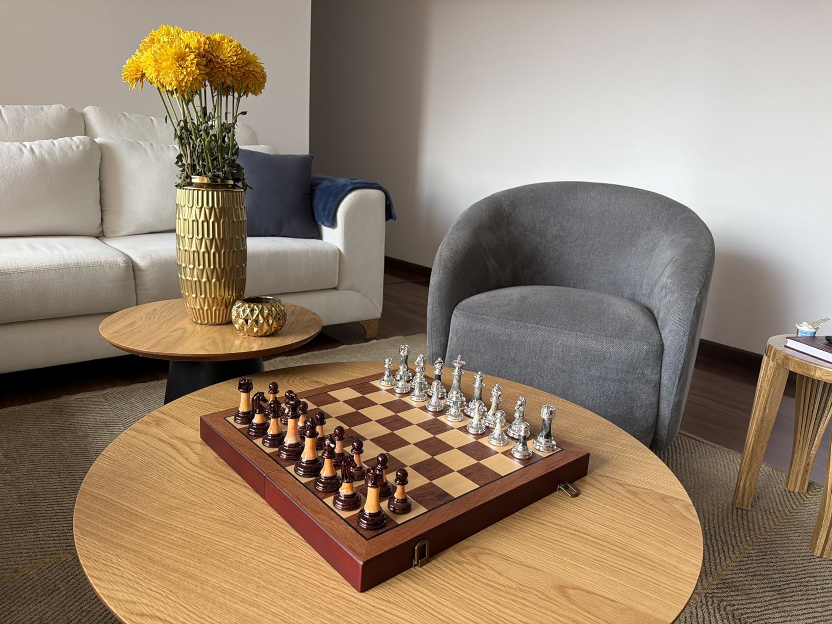 VAMSLOVE Chess Set Large 16''/42cm Folding Wooden Board with Deluxe Weighted Acrylic Chess Pieces - 3.5