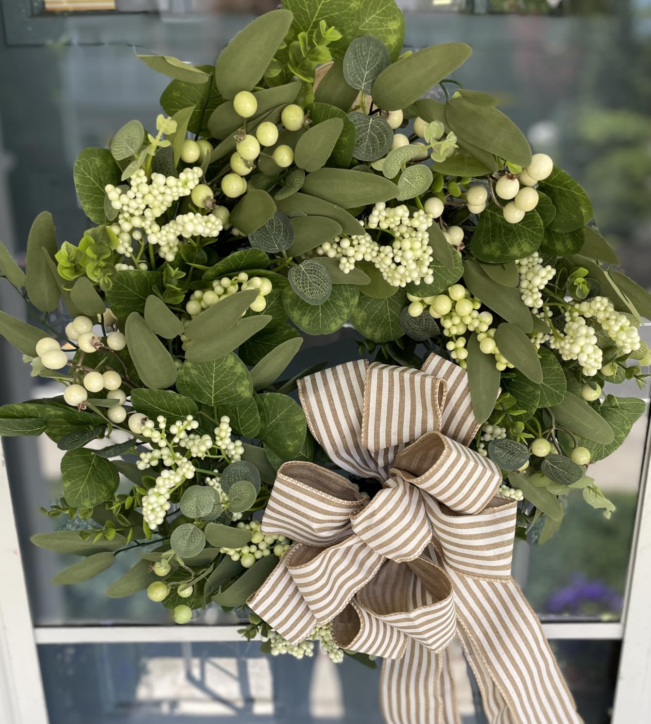 Vlorart Artificial Spring Summer Christmas Greenery Wreaths for Front Door Green Eucalyptus Leaf Wreath Decor Boxwood with Big Berries for Farmhouse Outside Year Round customer photo 1