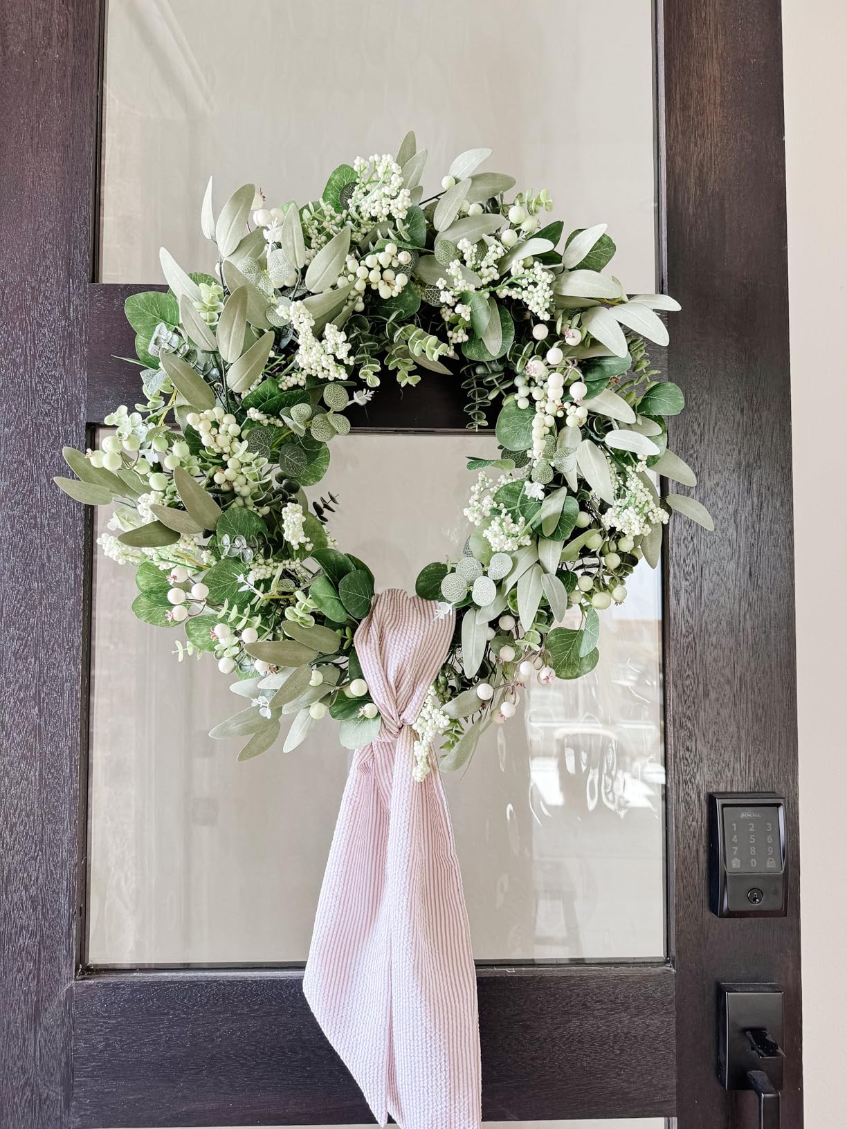 Vlorart Artificial Spring Summer Christmas Greenery Wreaths for Front Door Green Eucalyptus Leaf Wreath Decor Boxwood with Big Berries for Farmhouse Outside Year Round customer photo 2